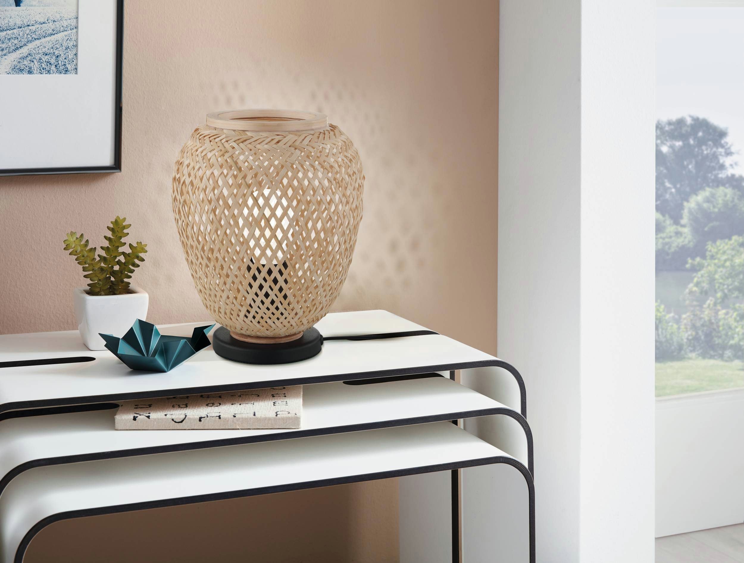 EGLO Tafellamp Dembleby Houtkorf gevlochten, naturel, vintage, Hygge, 1 fitting