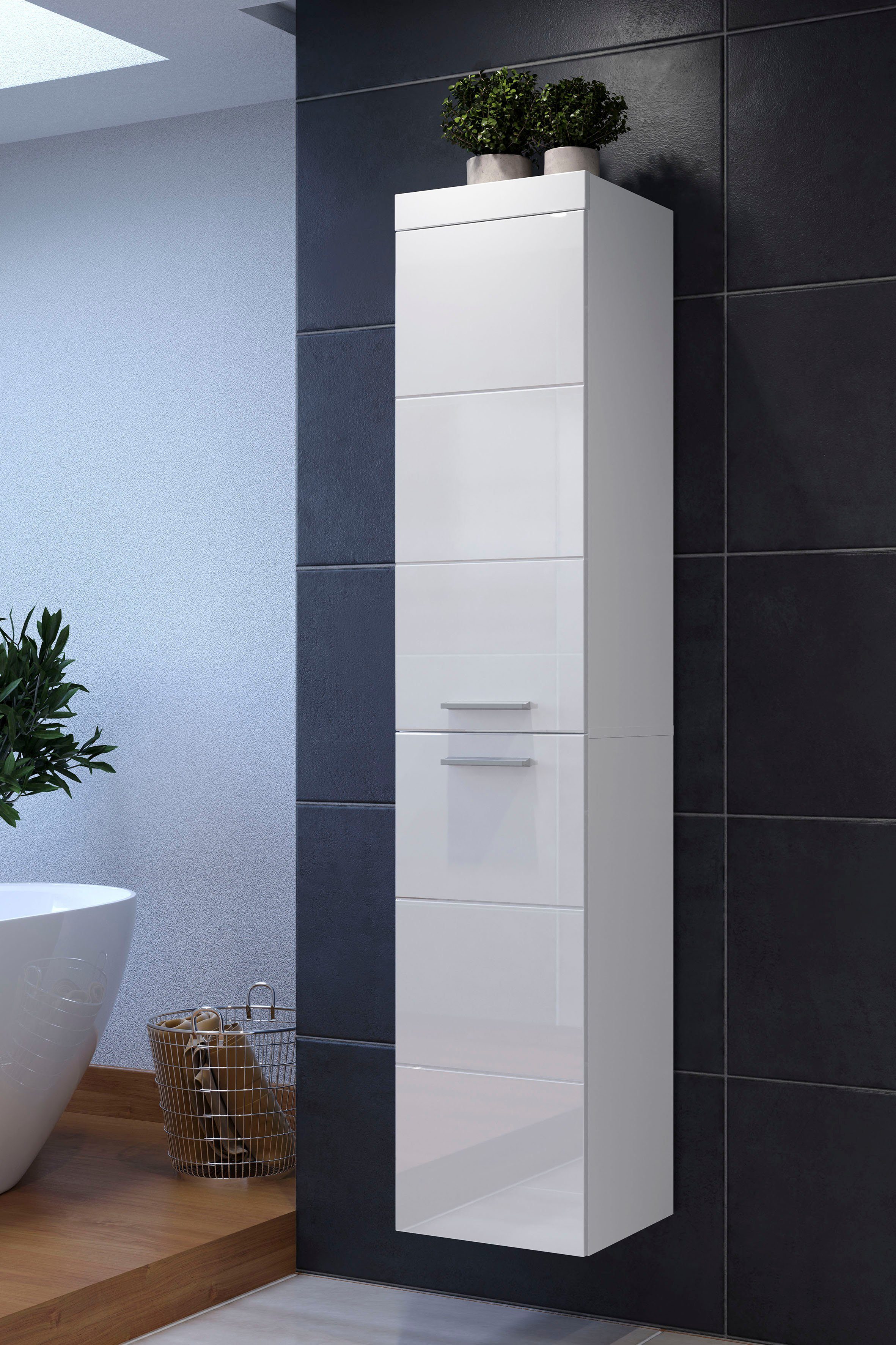 welltime Hangend kastje Dormoletto Hangende hoge kast in hoogglans wit met horizontale frezing