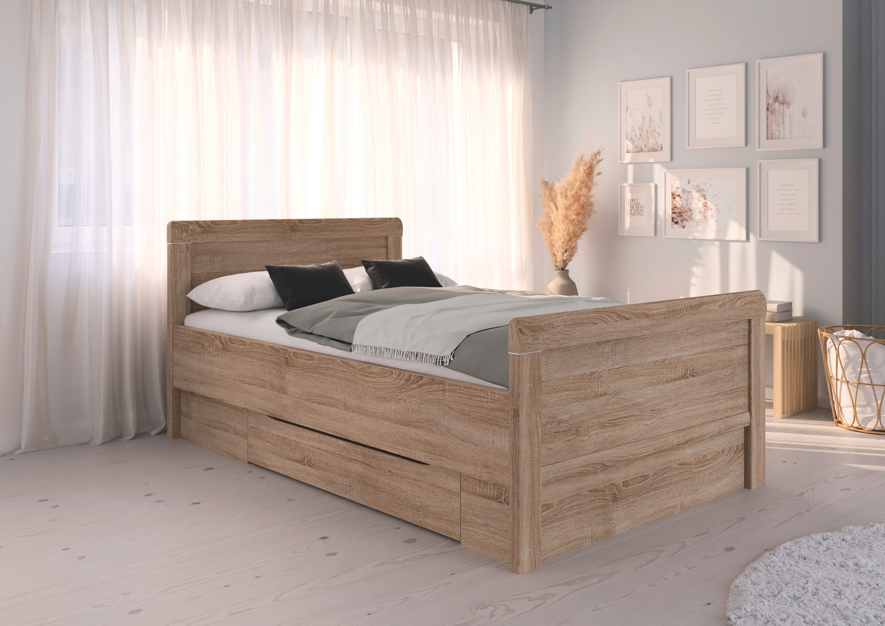 rauch Ledikant met bergruimte Bed Eenpersoons Stollenbed Bedkasten EVELYN in comfortabele hoogte met houten hoofdeinde en lades made in germany
