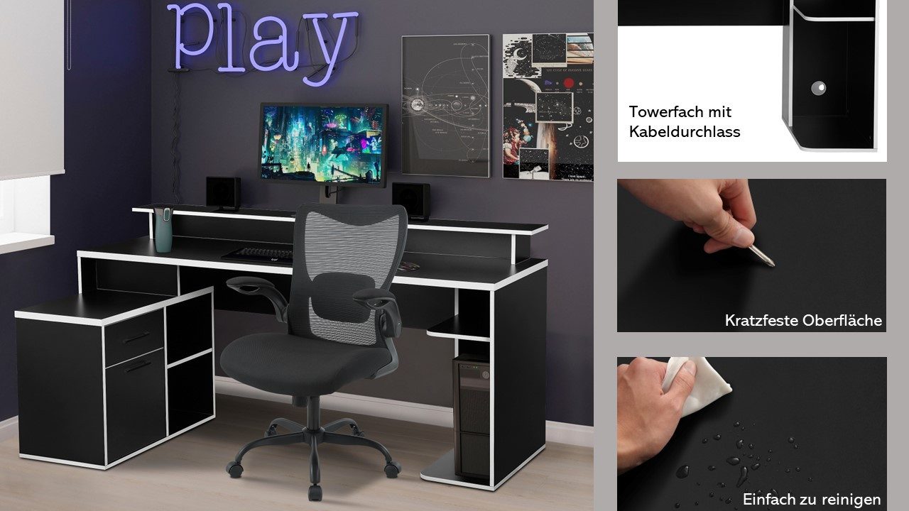 INOSIGN Gamingtafel Game, Computertisch, Hoekbureau , tower-vak, kabeldoorvoer, monitorsteun, opbergruimte, afmetingen 180x102 cm
