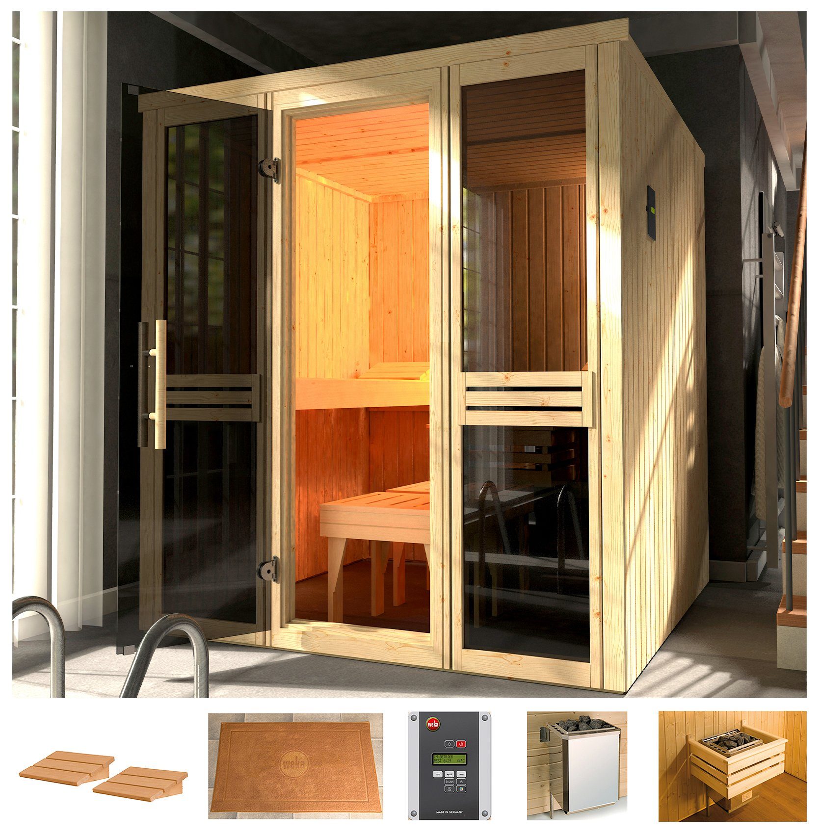 weka Sauna Classic 7,5 kw kachel met externe bediening, raam sauna's beige