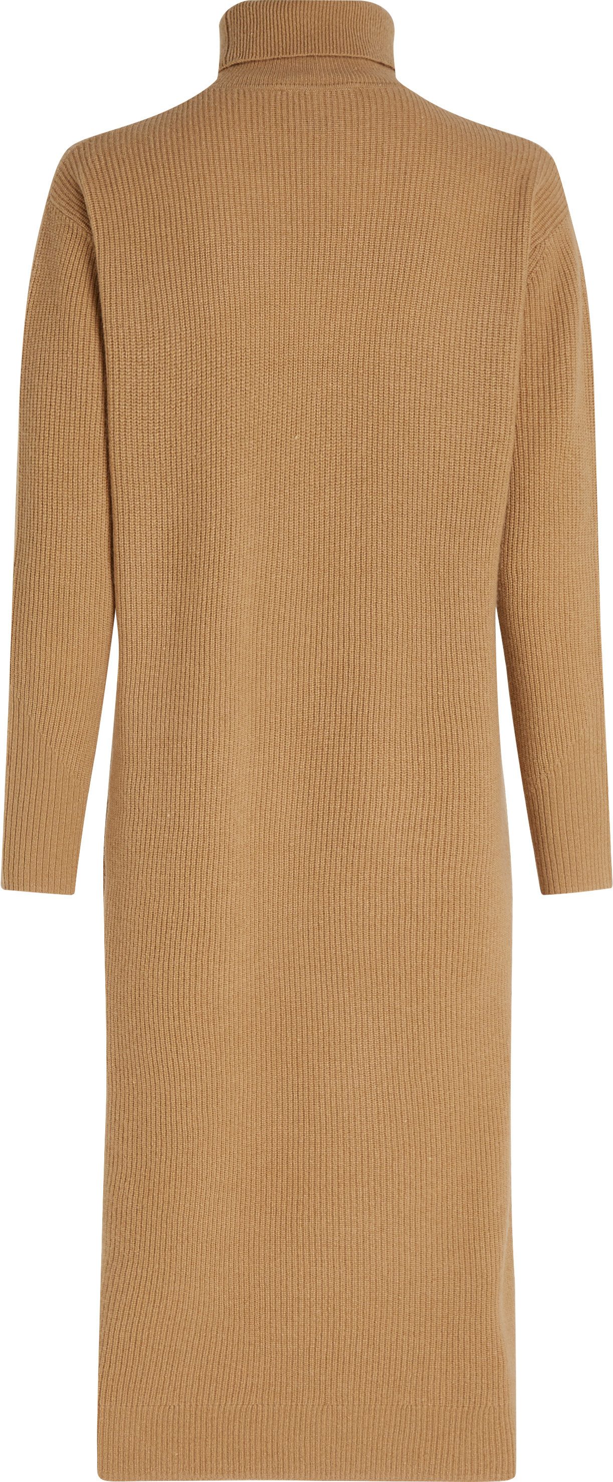 Tommy Hilfiger Gebreide jurk WOOL CASH ROLL-NK LONG DRESS met logo-borduursel, in riblook