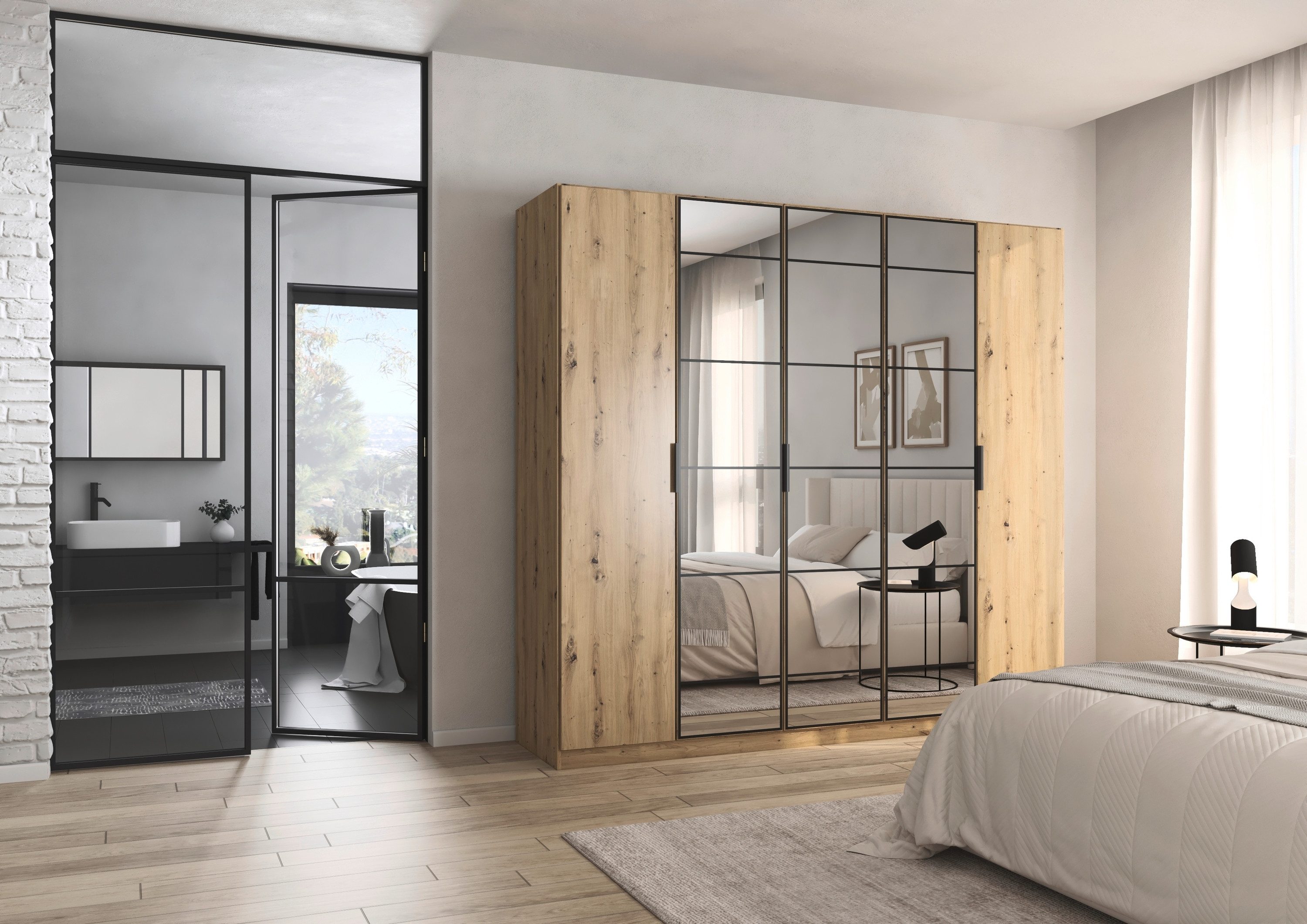 rauch Draaideurkast Kledingkast Kast Garderobe Slaapkamerkast ACERO Middeldeuren met spiegel in moderne loft-look MADE IN GERMANY
