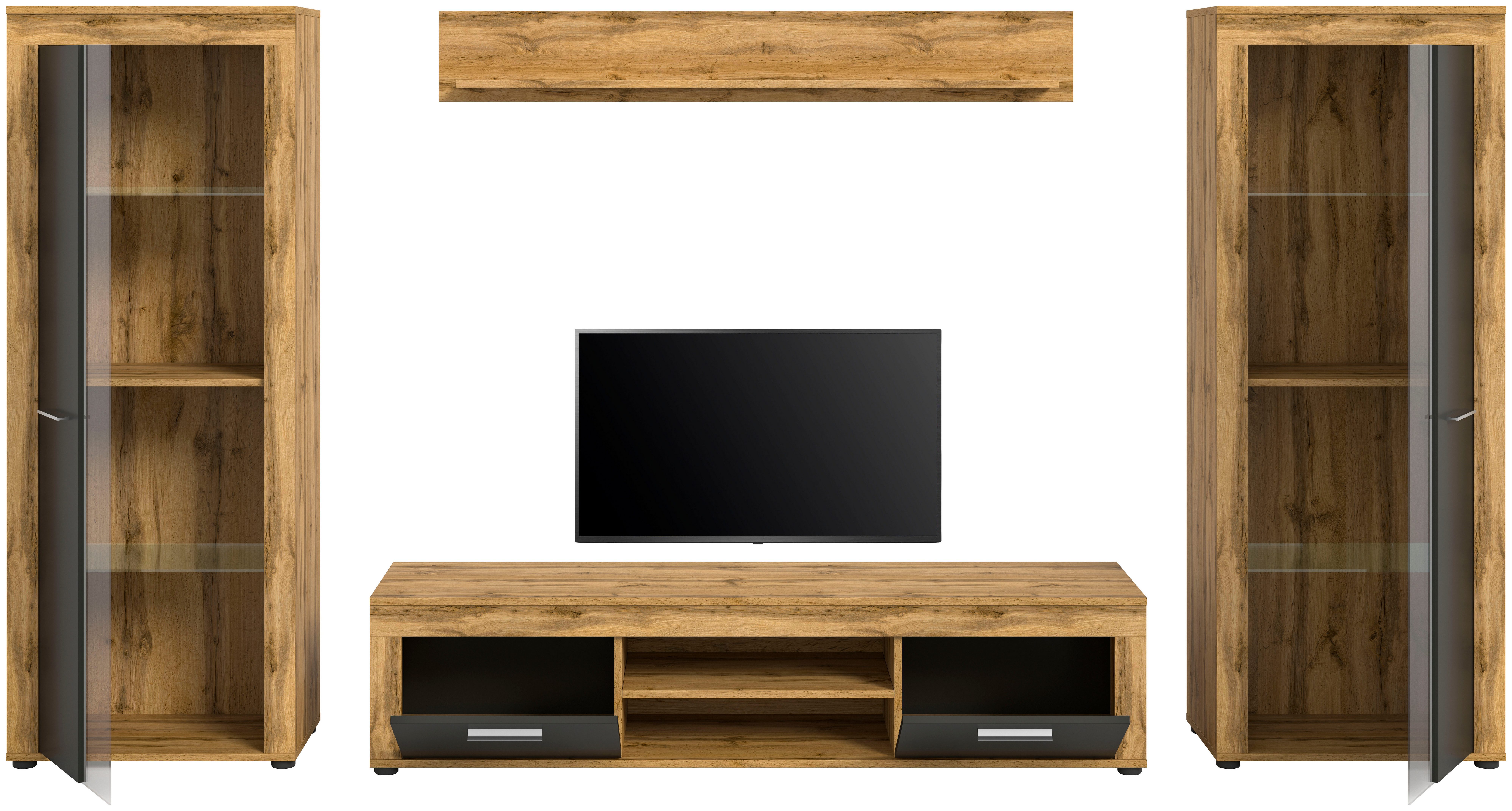 INOSIGN Wandmeubel Aosta, breedte 310 cm, bestaat uit: 2x vitrinekast, lowboard, wandplank
