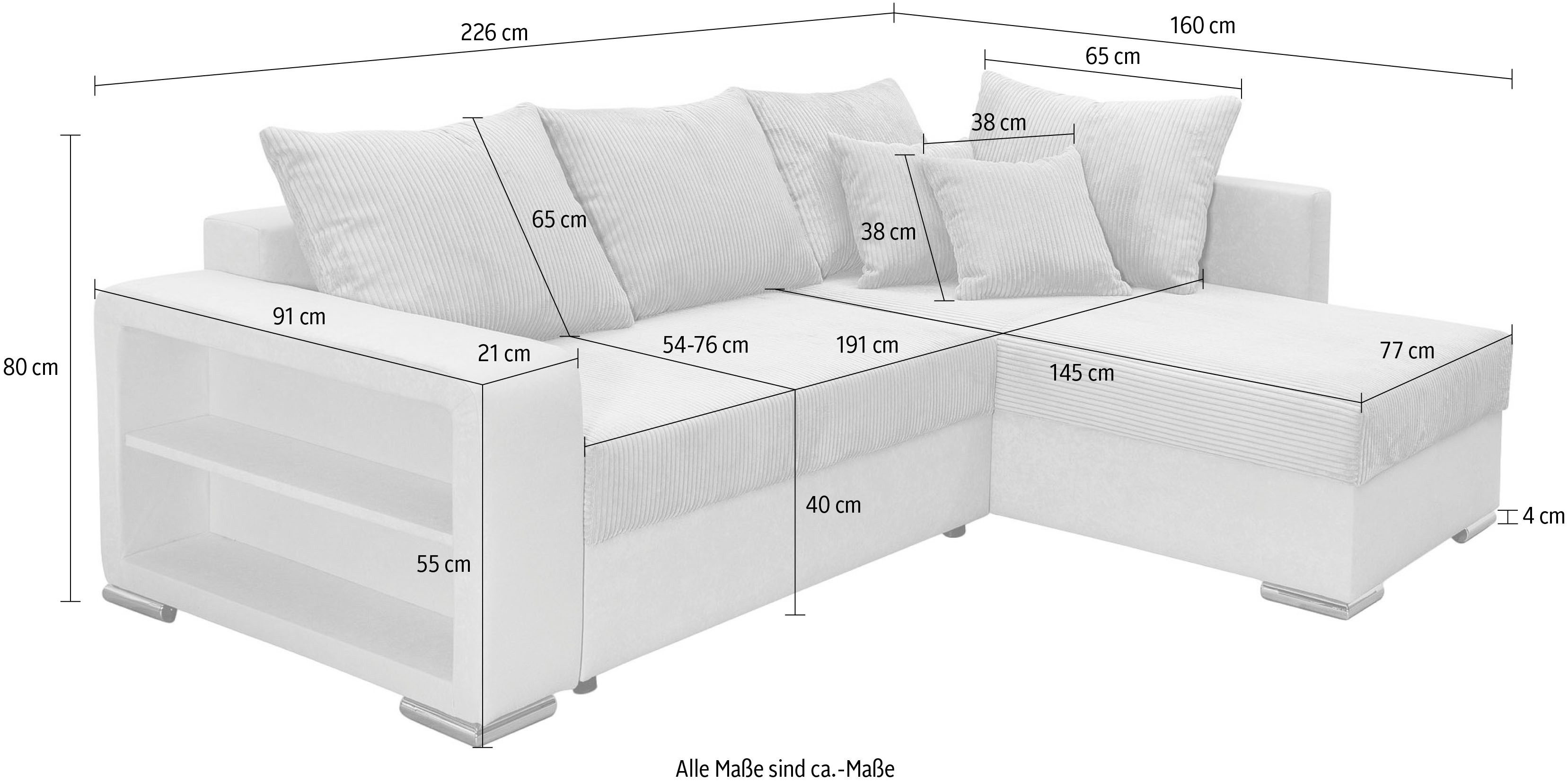 COLLECTION AB Hoekbank L-model Regalarmleuning met LED RGB verlichting, bedfunctie en bedbox