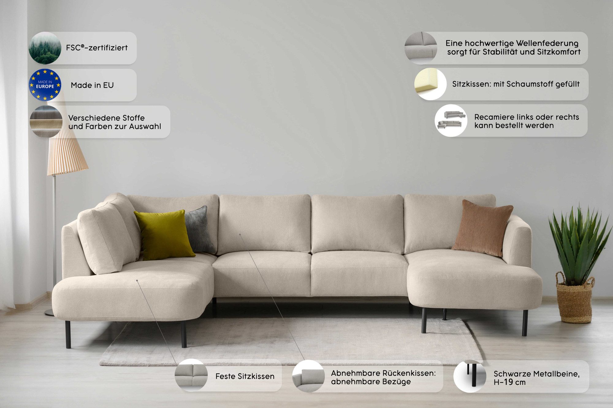 Places of Style Zithoek Cesola in zachte chenille-stof, breedte 327 cm, met zwarte metalen poten