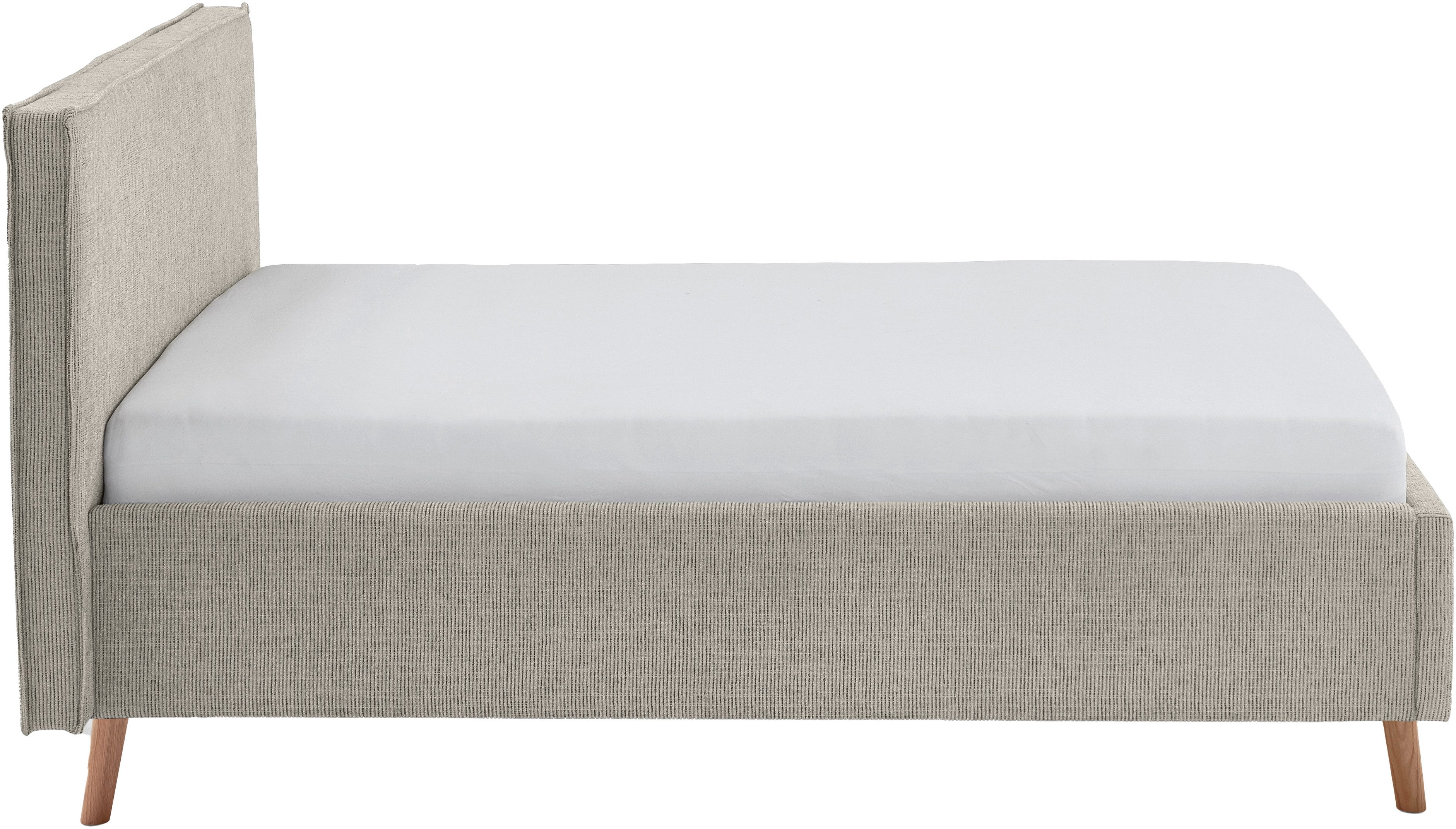 meise.möbel Gestoffeerd bed Riva met eikenkleurige houten poten, naar keuze met bedkist en lattenbodem