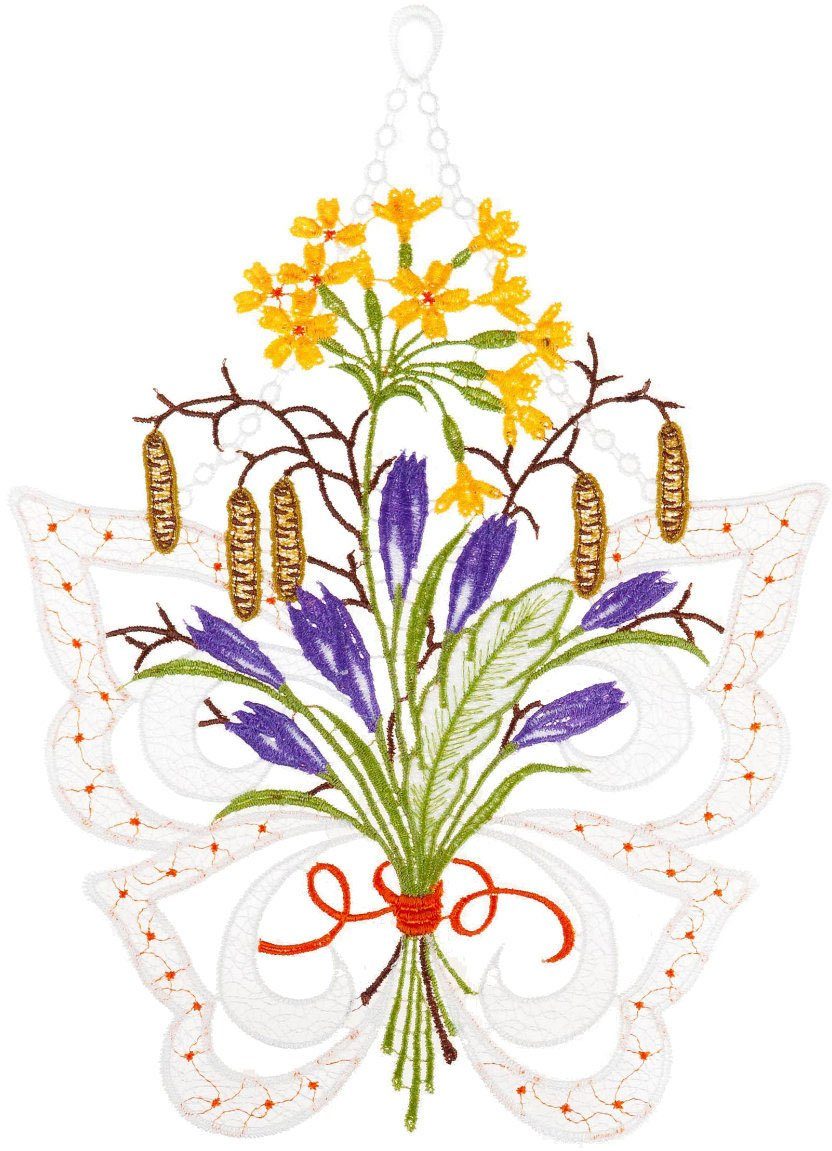 W. Reuter & Sohn Plauener Spitze® Vensterbeeld Fensterbild Schmetterling mit Blumen farbig