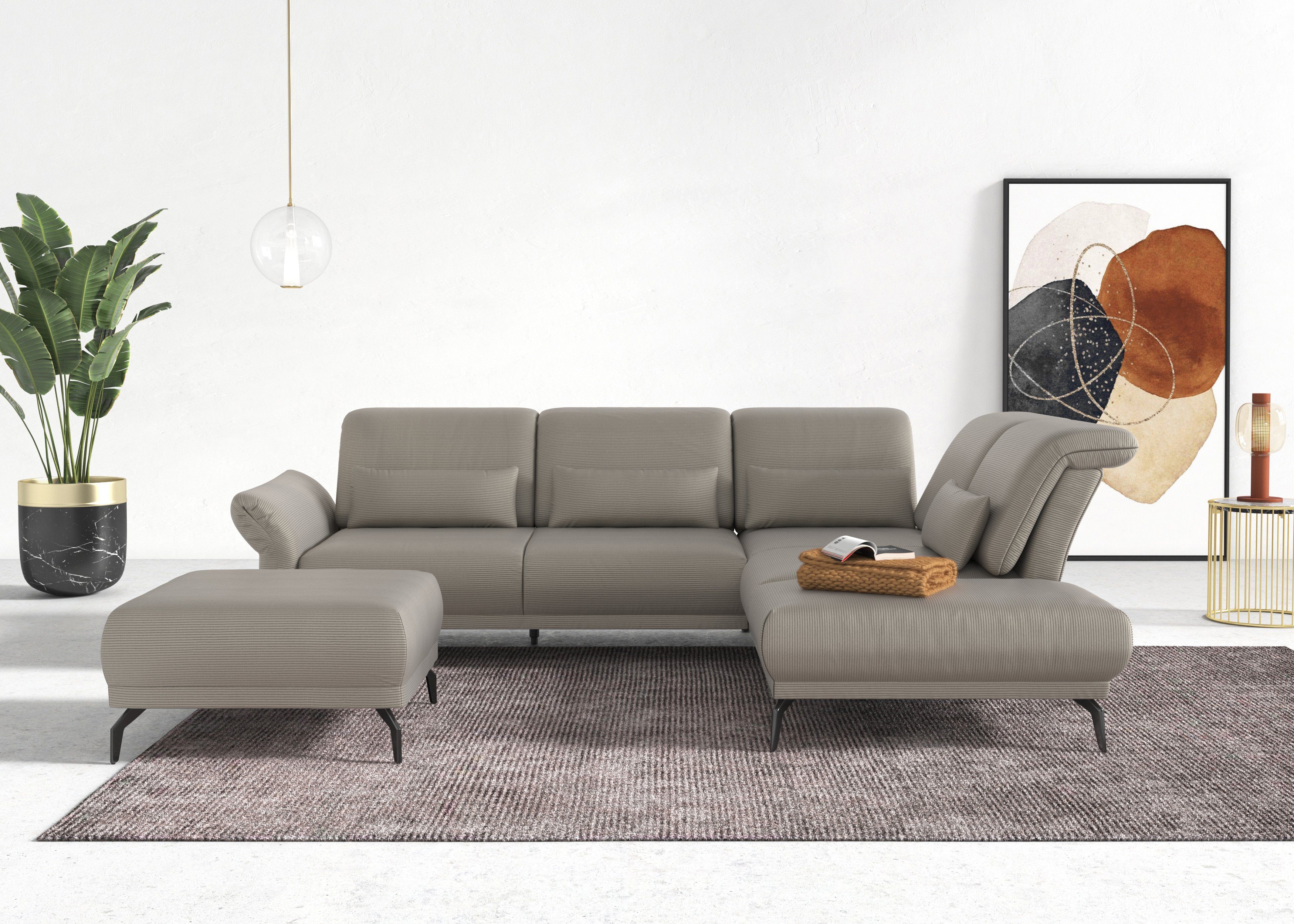 INOSIGN Hoekbank Coco L-vorm Verstelbare zitdiepte, armleuning en hoofdeind, cordbekleding, poothoogte 15 cm grijs, hoekbanken, Met verstelbare