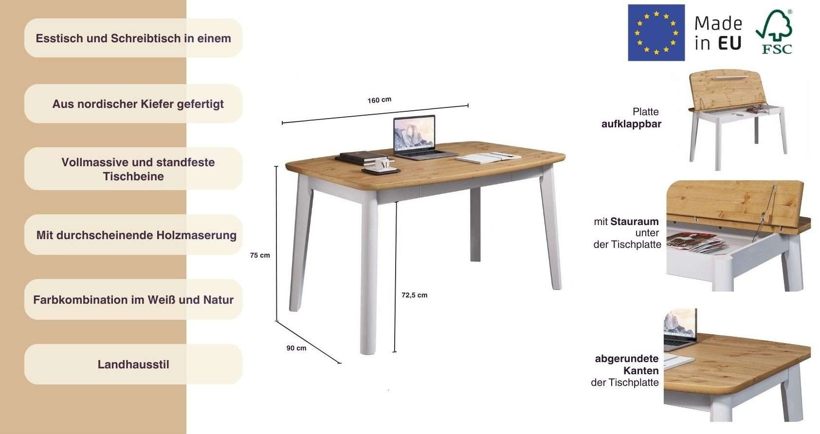 Home affaire Eettafel Palermo, multifunctionele tafel, werktafel, bureau met opbergruimte, opklapbaar blad, home office bureau, massief hout