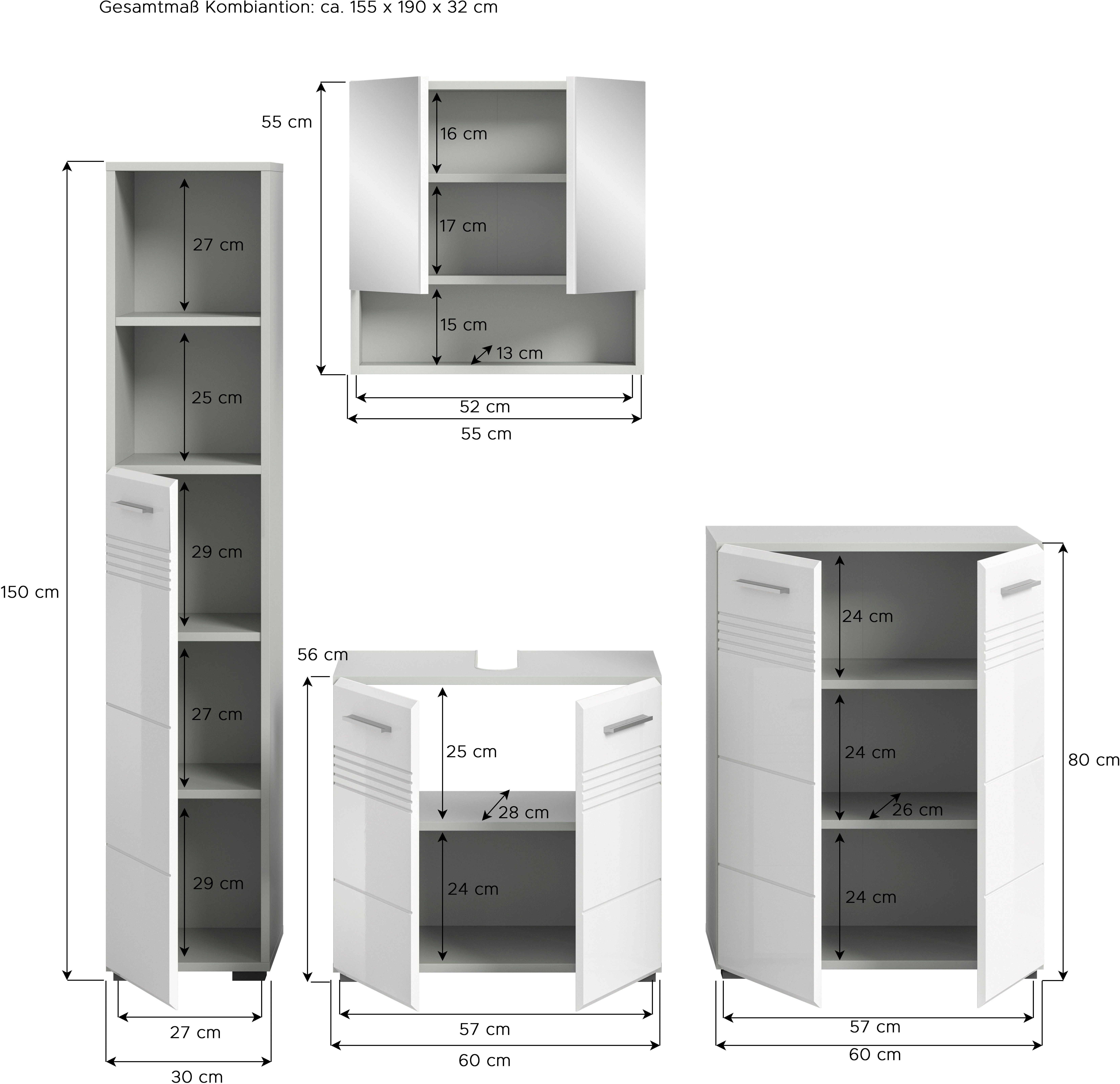 welltime Badmeubelset Calicio, bestaande uit: hoge kast, wastafelonderkast Spiegelschrank, middel kast, hoogwaardige MDF front met groeffrasing (4 stuks)