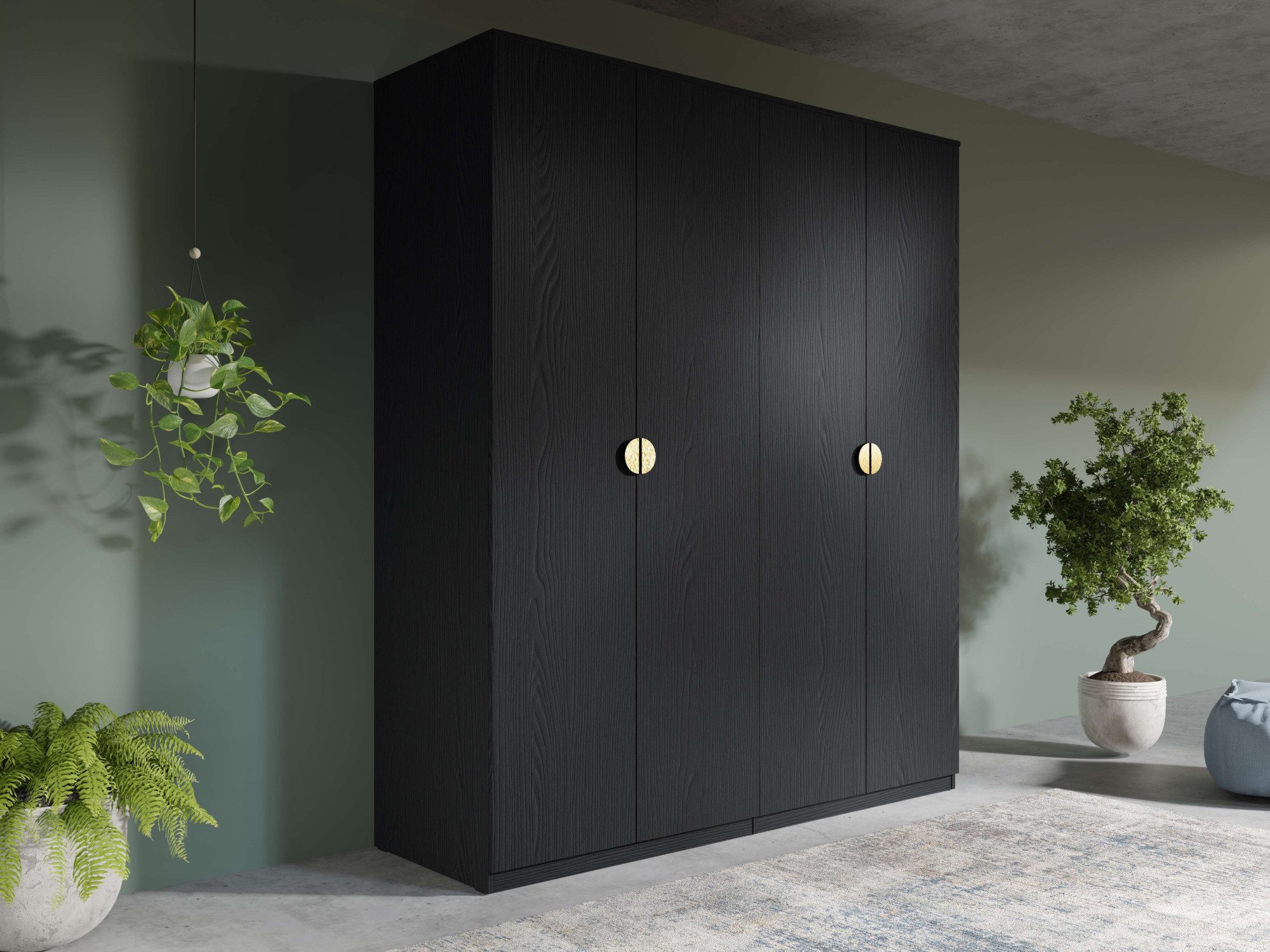 Leonique Kledingkast Bellot met 4 inlegplanken en 2 kledingstangen Garderobe met 4 draaideuren en gouden handgrepen, BxDxH 180x59x209 cm