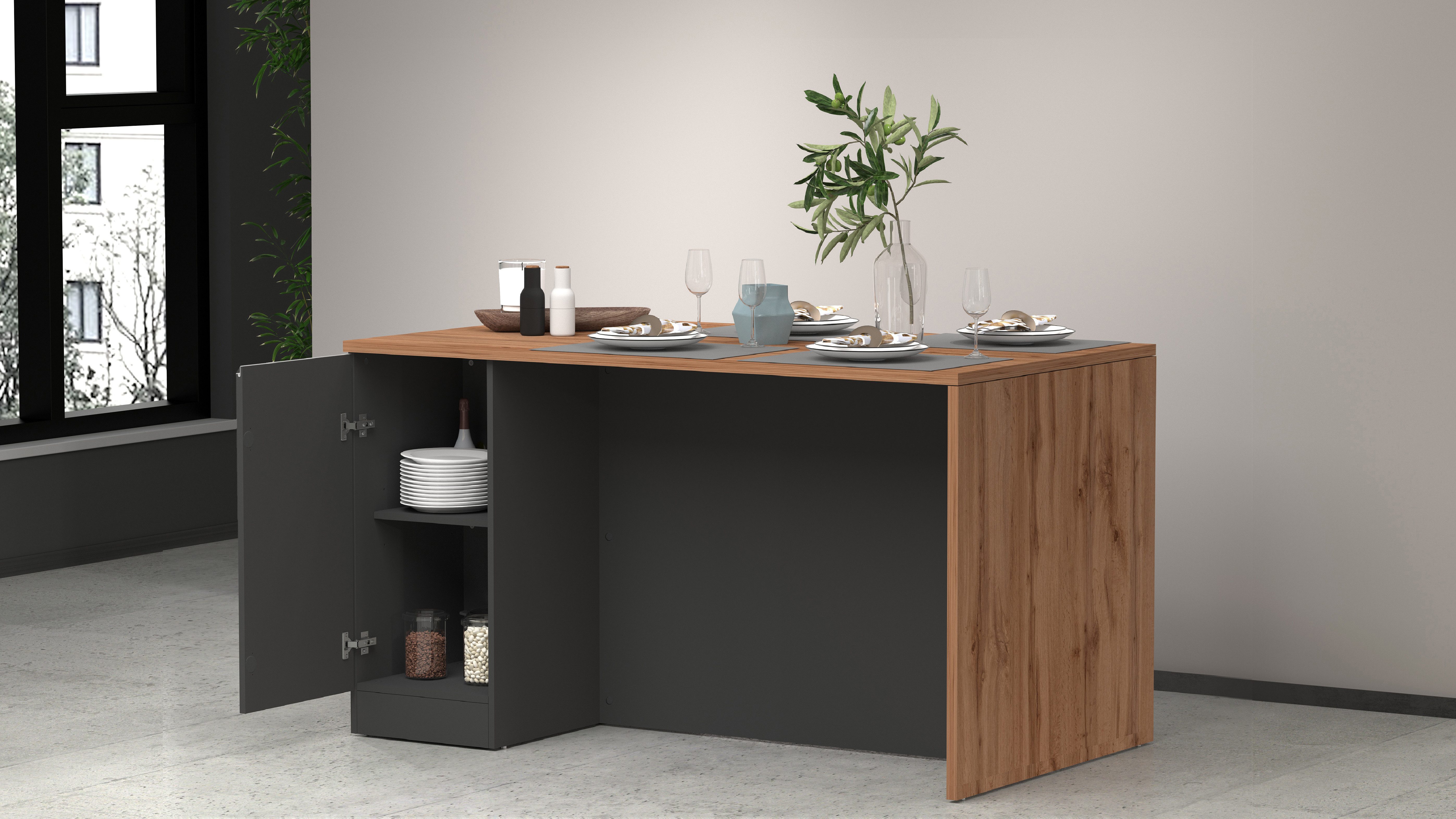 Kochstation Kookeiland Sole, kookeiland, keukenwerkblok, eilandkeuken, werk-eiland Breedte 160 cm met 2 deuren, 4 vakken, werkblad, aluminium handgreep