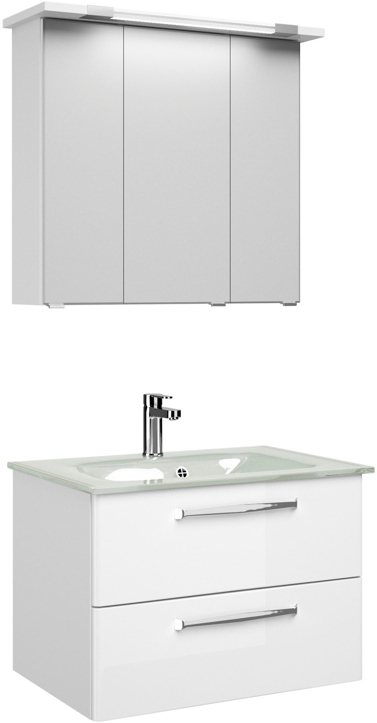 Saphir Badmeubelset Trentino 2-delig glas wasbak, spiegelkast met LED-profiel Badkamermeubel-set 77cm breed, incl. deurdemper, 3 deuren, 2 lades (3