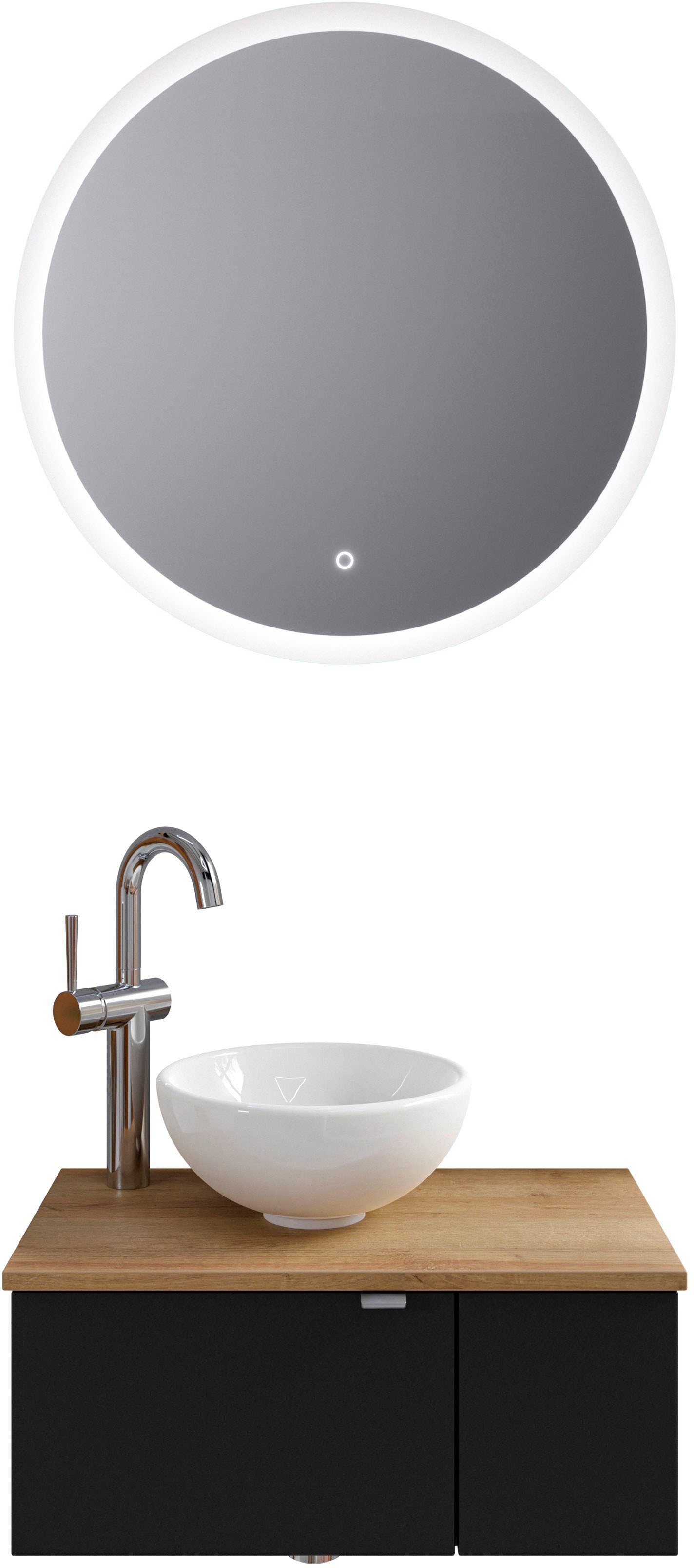 Saphir Badkamerserie Serie 6915 Gastenbadkamer, 70 cm breed, met led-spiegel, open vak en 2 deuren (4-delig) badmeubelsets zwart