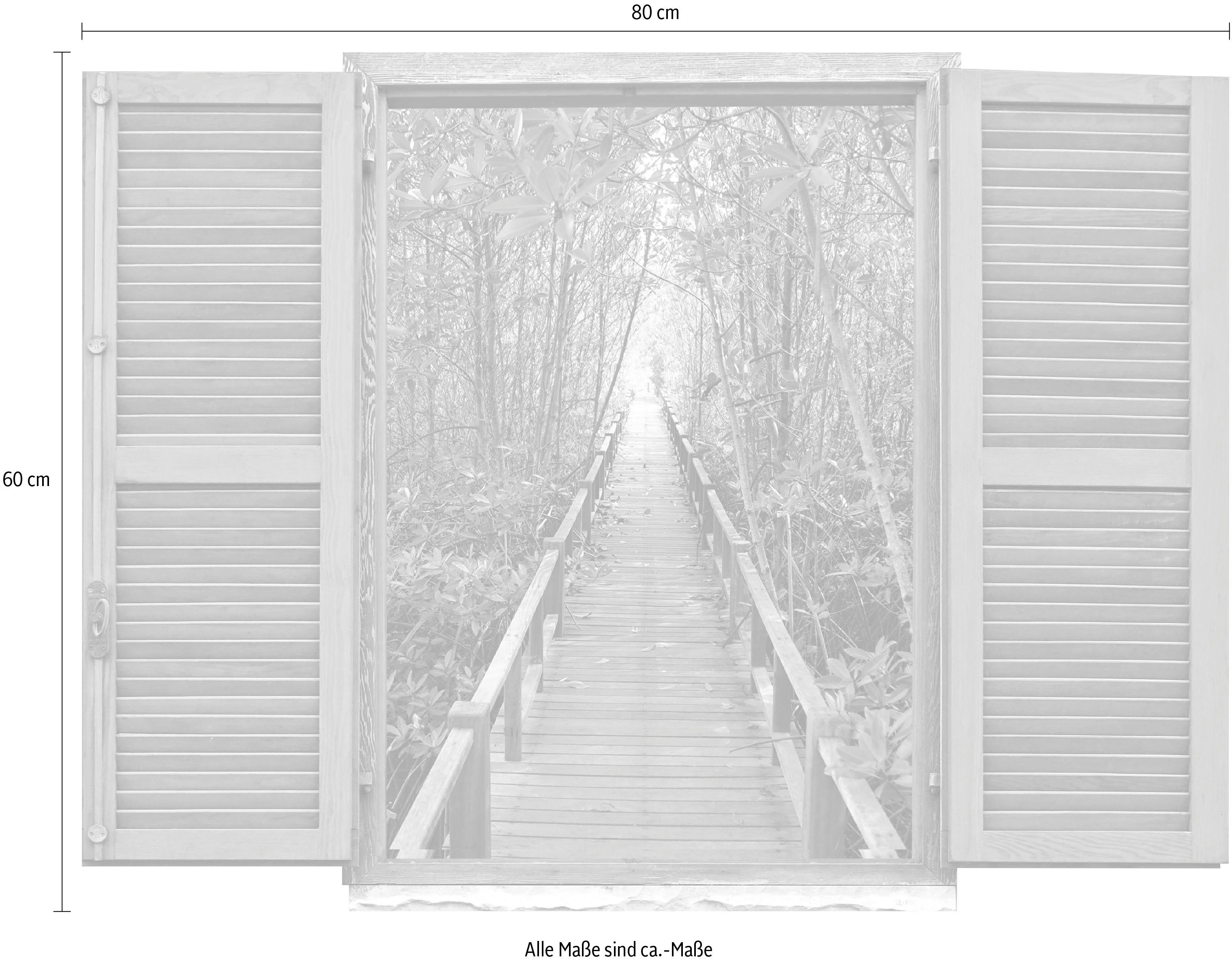 queence Wandfolie Brug in het bos Muursticker, muurdecoratie, zelfklevend, 3D, raam (1 stuk)