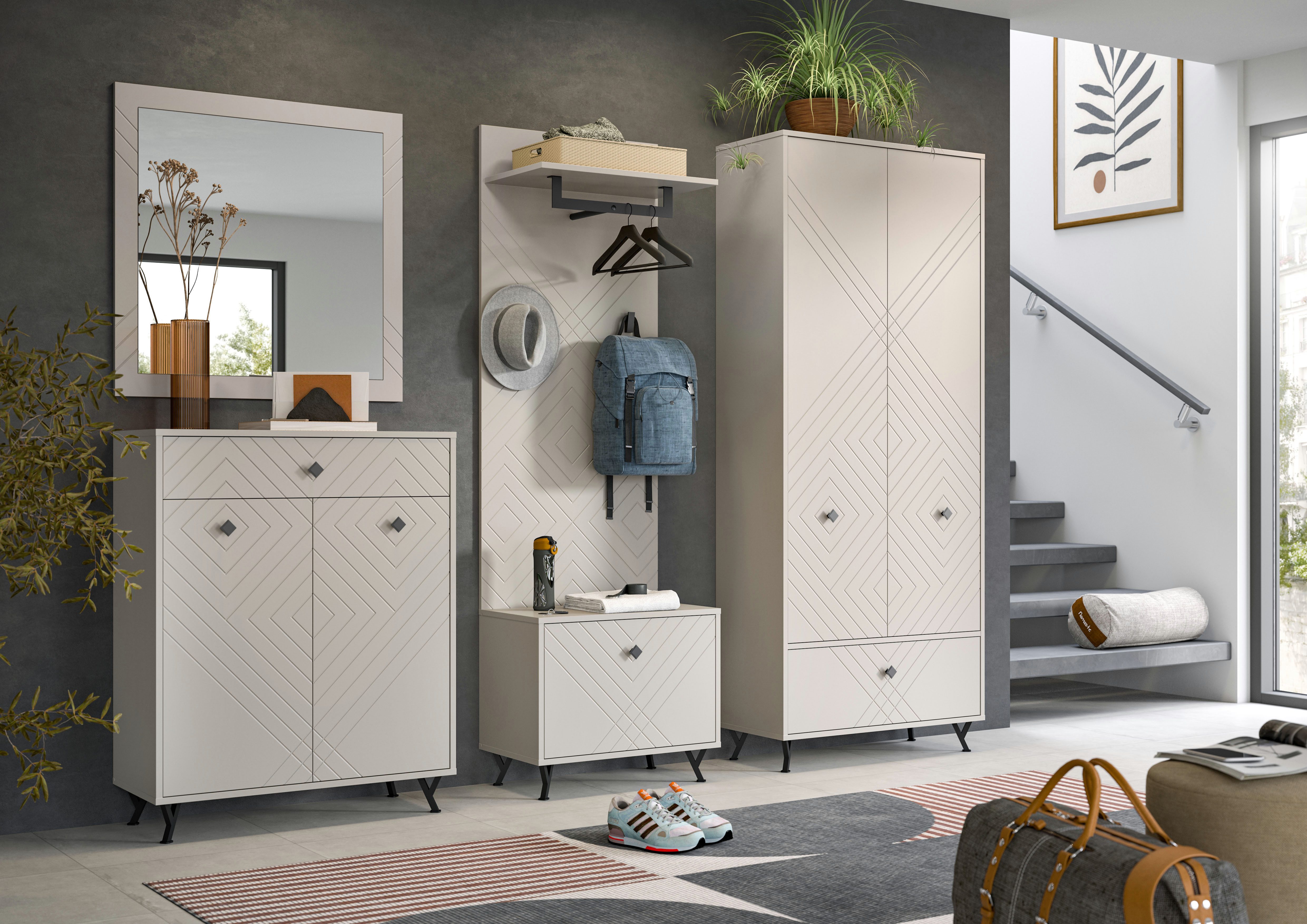 INOSIGN Halmeubelset Mento, 4-delig, ornamentfrezing in de front, bestaande uit: Commode, spiegel, zitbank & garderobenpaneel, metalen handgrepen & voeten (set, 4-delig)
