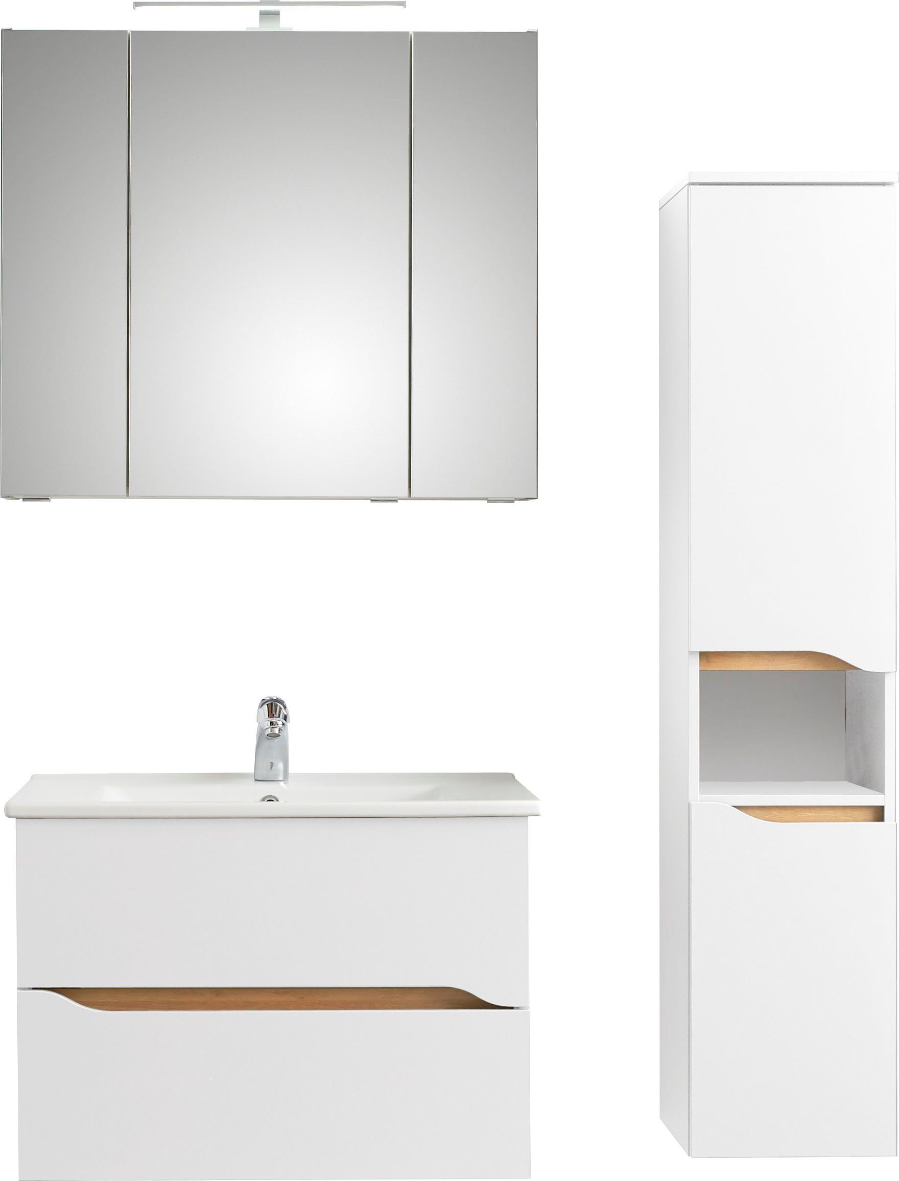 Saphir Badkamerserie Quickset 3-delig, keramische wastafel met LED-spiegelkast Halfhoge kast, inclusief deurdemper, 2 laden, 5 deuren, 8 planken