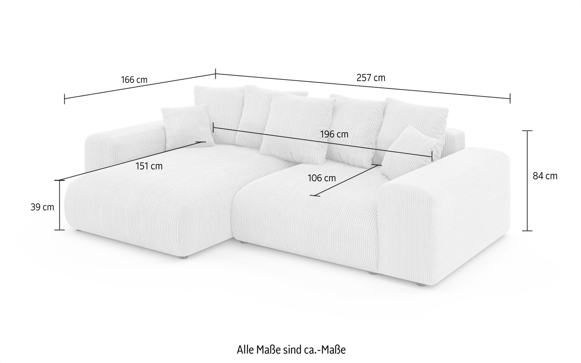 Home affaire Hoekbank LAKESIDE met bedfunctie en bedlade, B/D/H 257/166/84 cm L-vorm, recamiere aan beide zijden monteerbaar, golfondersteuning
