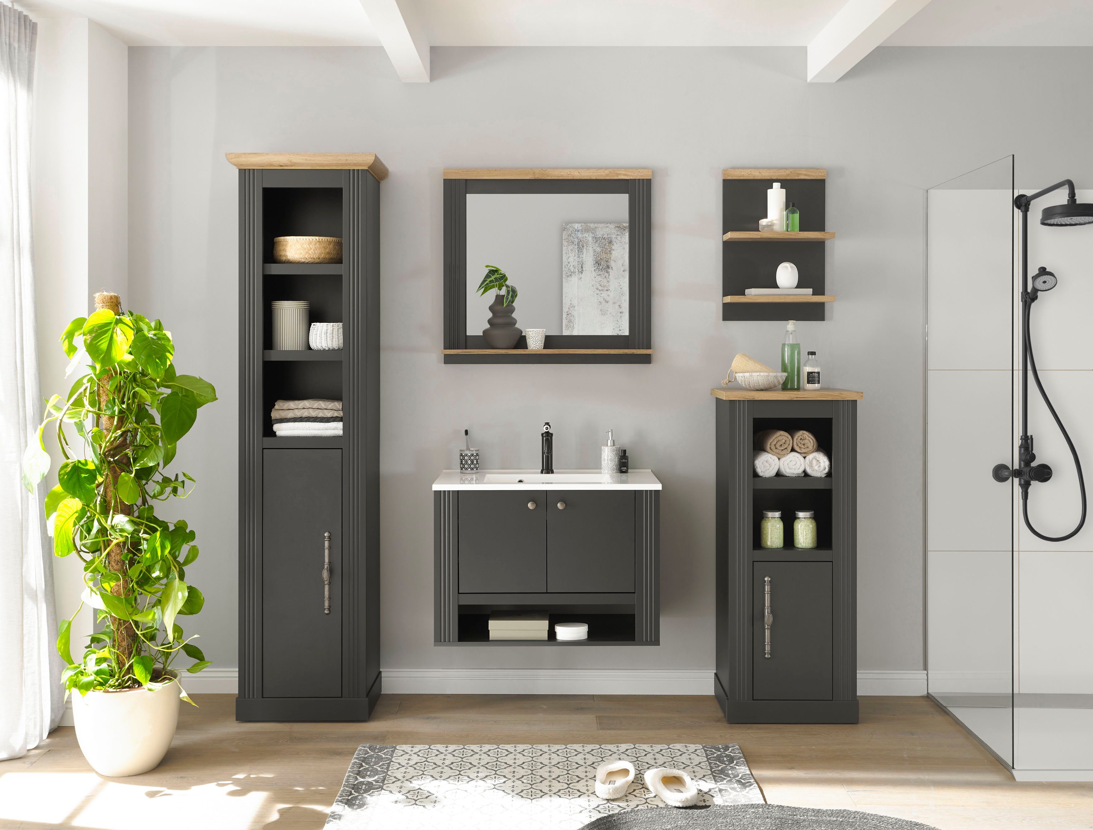 Home affaire Badkamerserie WESTMINSTER, badkamer in landhuisstijl, 5-delig badkamer Wand-wastafel, spiegel, middenschrank, plank, hoge kast, 220 cm (5-delig)