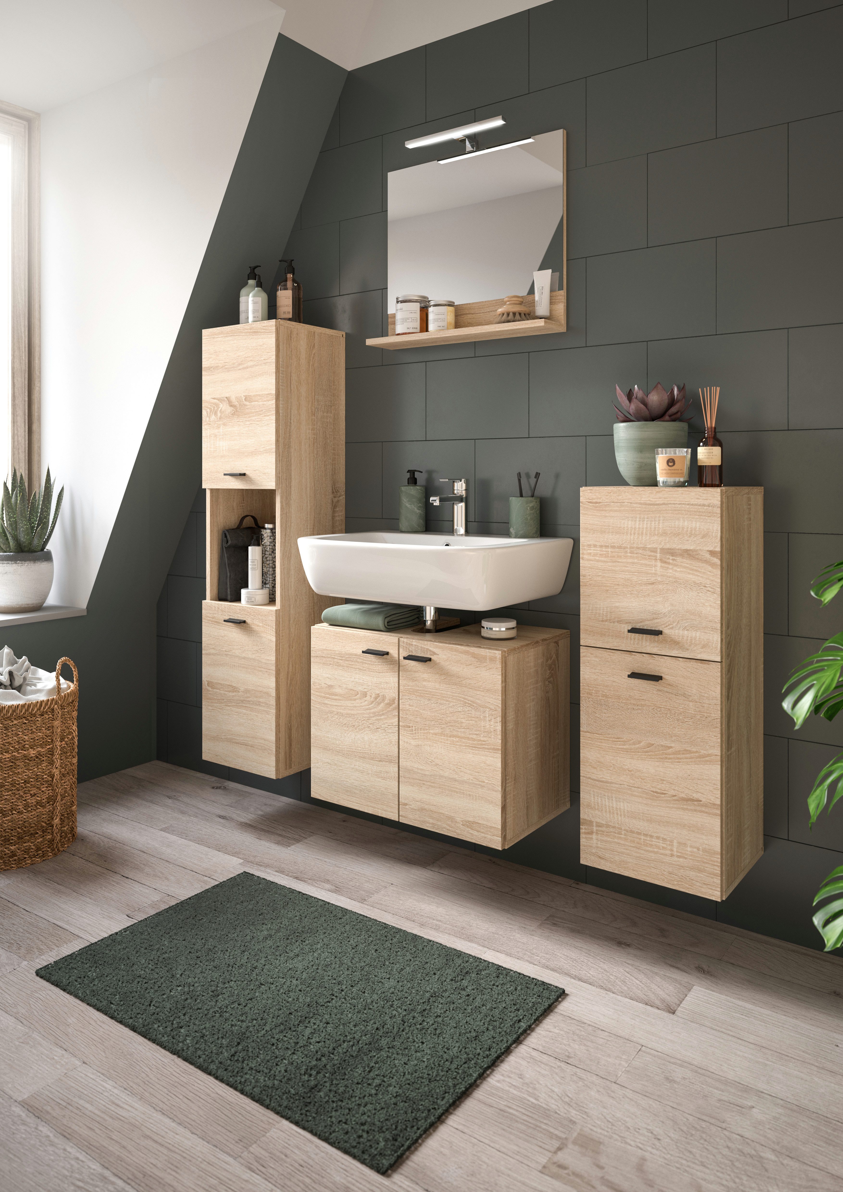 welltime Badmeubelset Tampa, breedte 137cm, 4-delig Wastafelonderkast, spiegel, hoge kast, midikast (4 stuks)