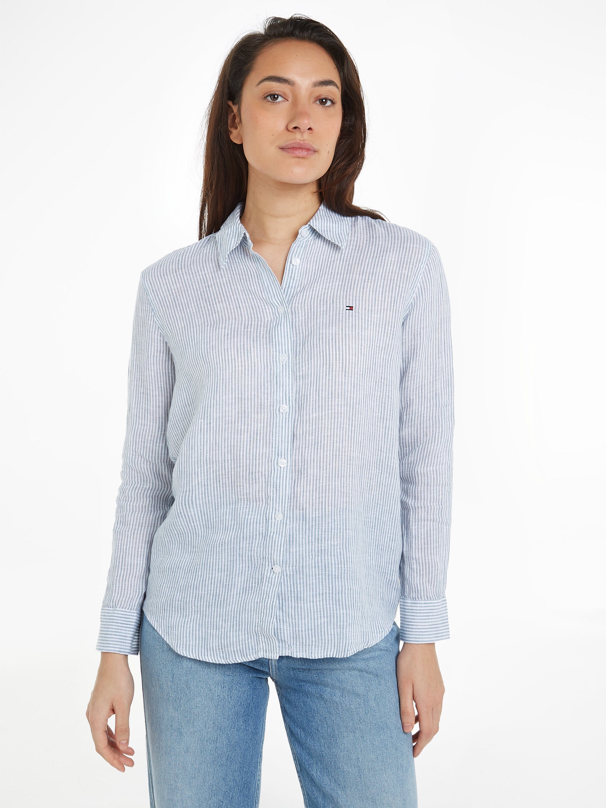 Tommy Hilfiger Overhemdblouse LINEN STP RELAXED SHIRT LS met logoborduursel op borsthoogte