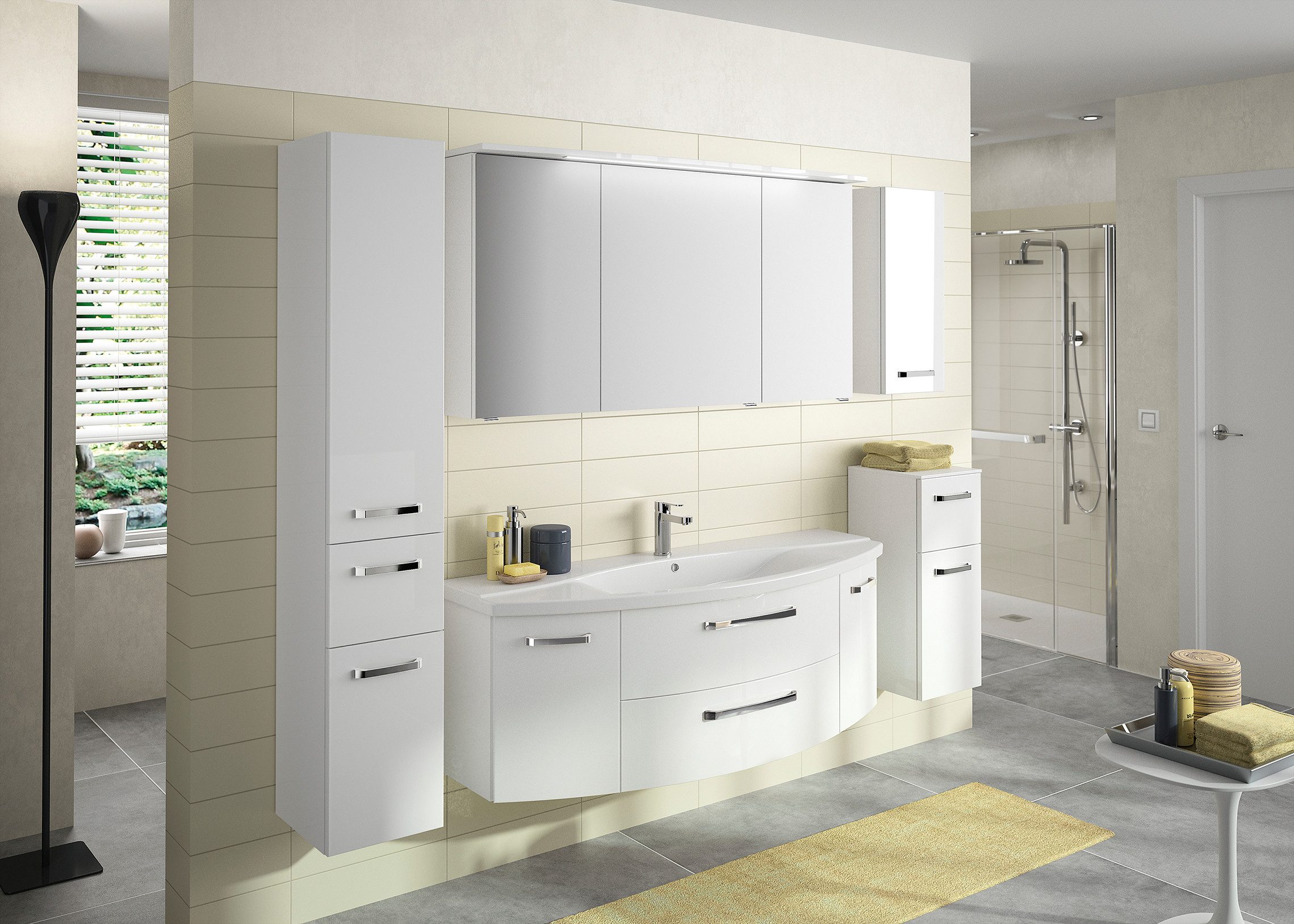 Saphir Badkamerspiegelkast Serie 4010 badkamer spiegelkast incl. LED-verlichting in krans Badkast 142 cm breed, 3 deuren, 6 glazen legplanken, incl. deurdemper