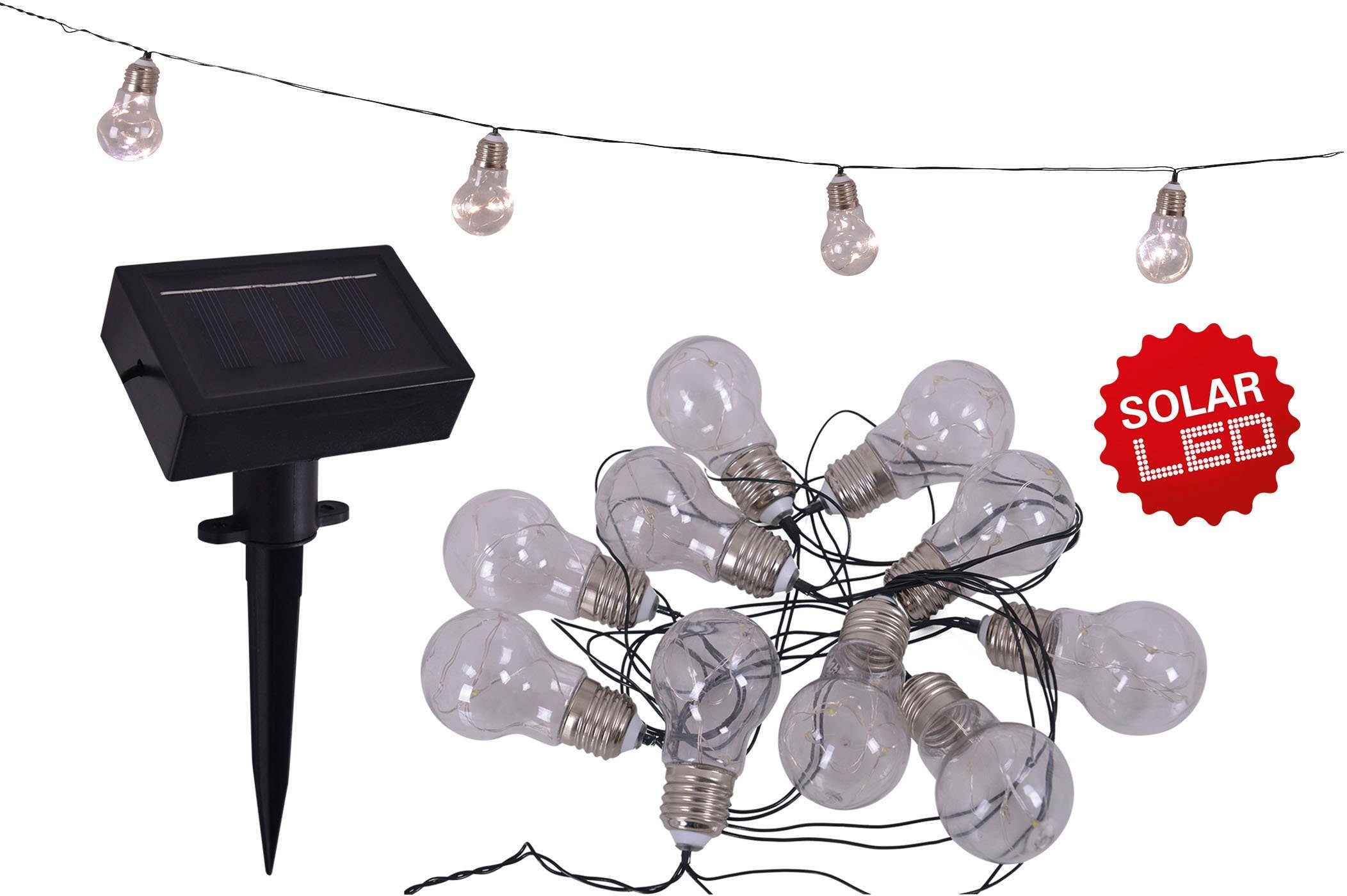 näve Led-lichtsnoer Gloeilamp Zonne-energie, 10 heldere gloeilampen, warmwit, incl. zonnepaneel, lengte 300 cm (1 stuk)