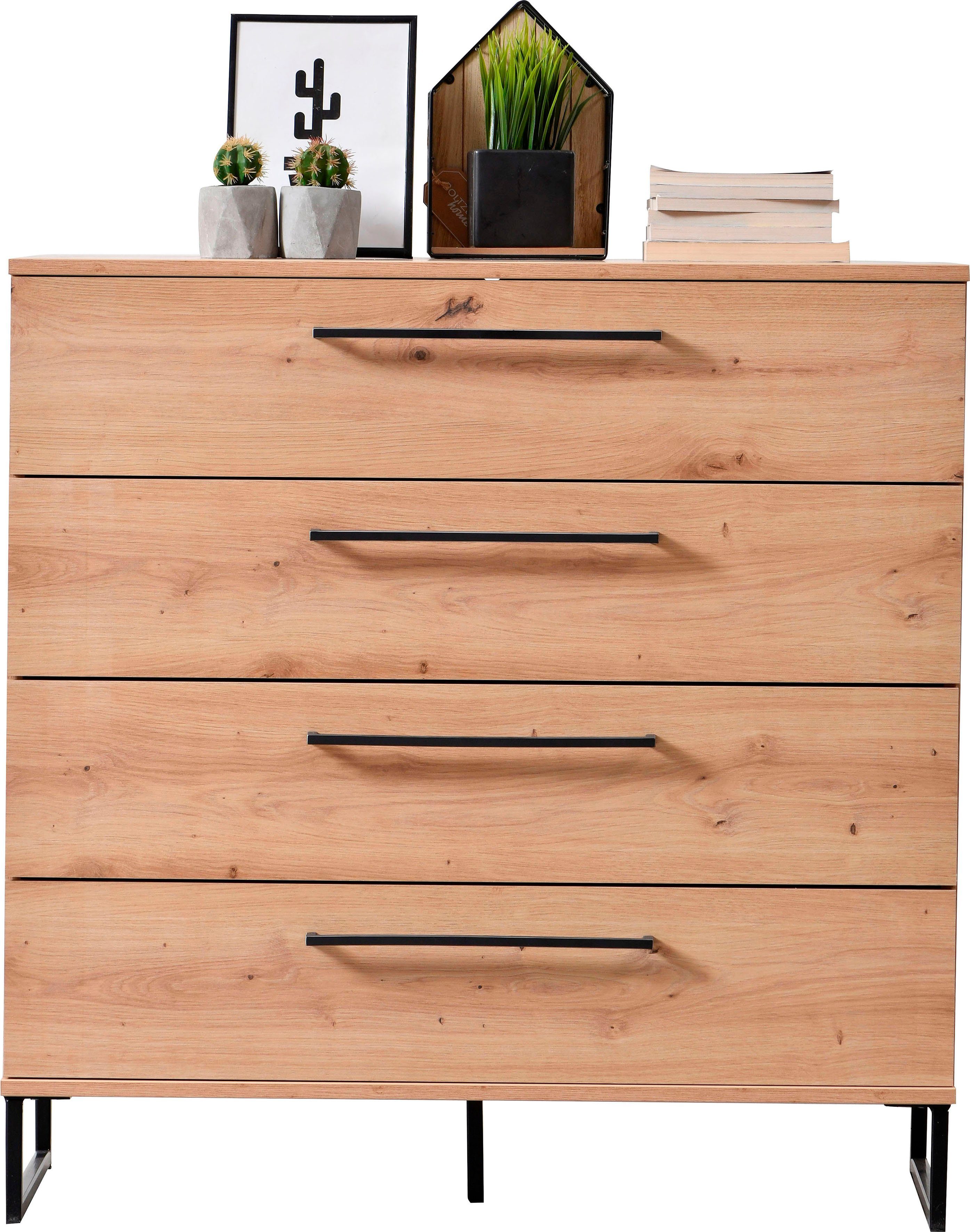 INOSIGN Ladekast Sardinië, 91x92,5x42cm, FSC® gecertificeerd houtmateriaal met 4 lades, met trendy zwarte handgrepen en metalen voeten