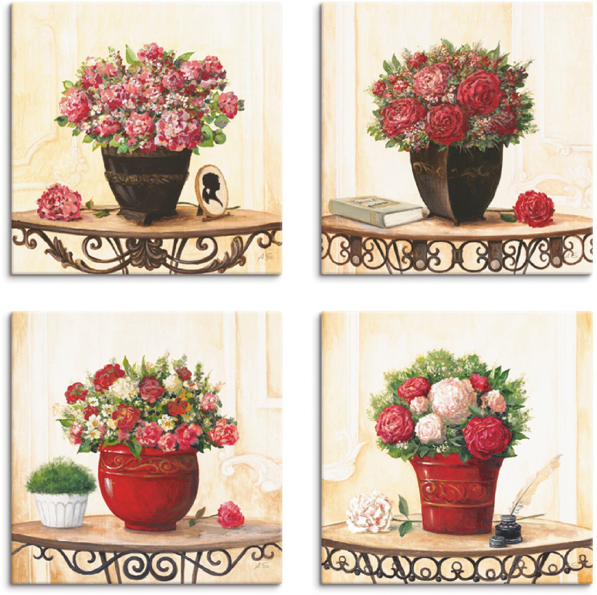 Artland Artprint op linnen Hortensia's kruidnagel rozen pioenrozen (4 stuks)