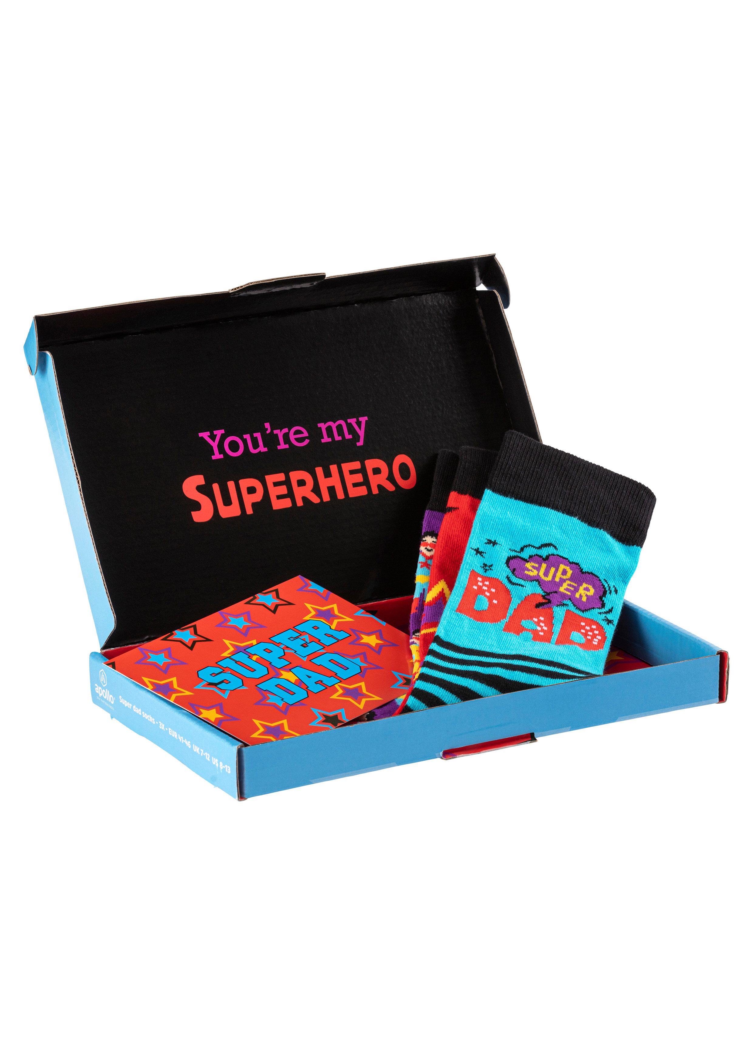 Apollo Sokken Cadeau-doos Super-Papa of Beste Papa verschillende kleuren designs perfect voor vaderdag of verjaardag (2 paar Set van 3)