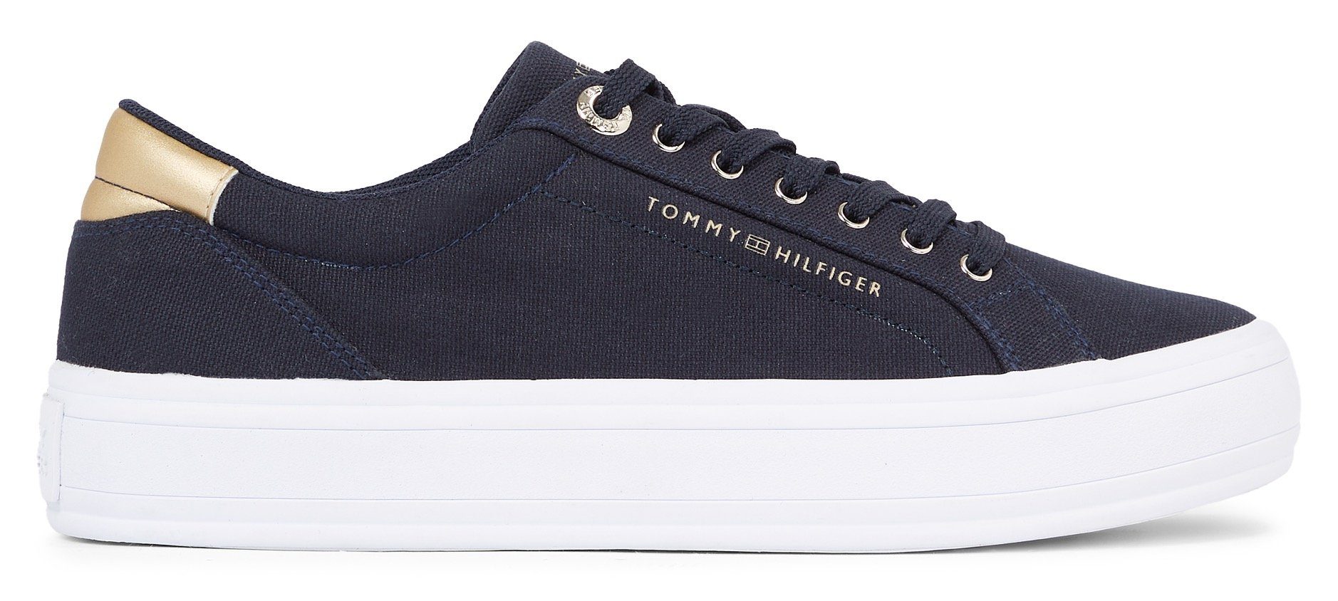 Tommy Hilfiger Plateausneakers ESSENTIAL VULC CANVAS SNEAKER Contrastafwerking in metalliclook, vrijetijdsschoen, lage schoen, veterschoen