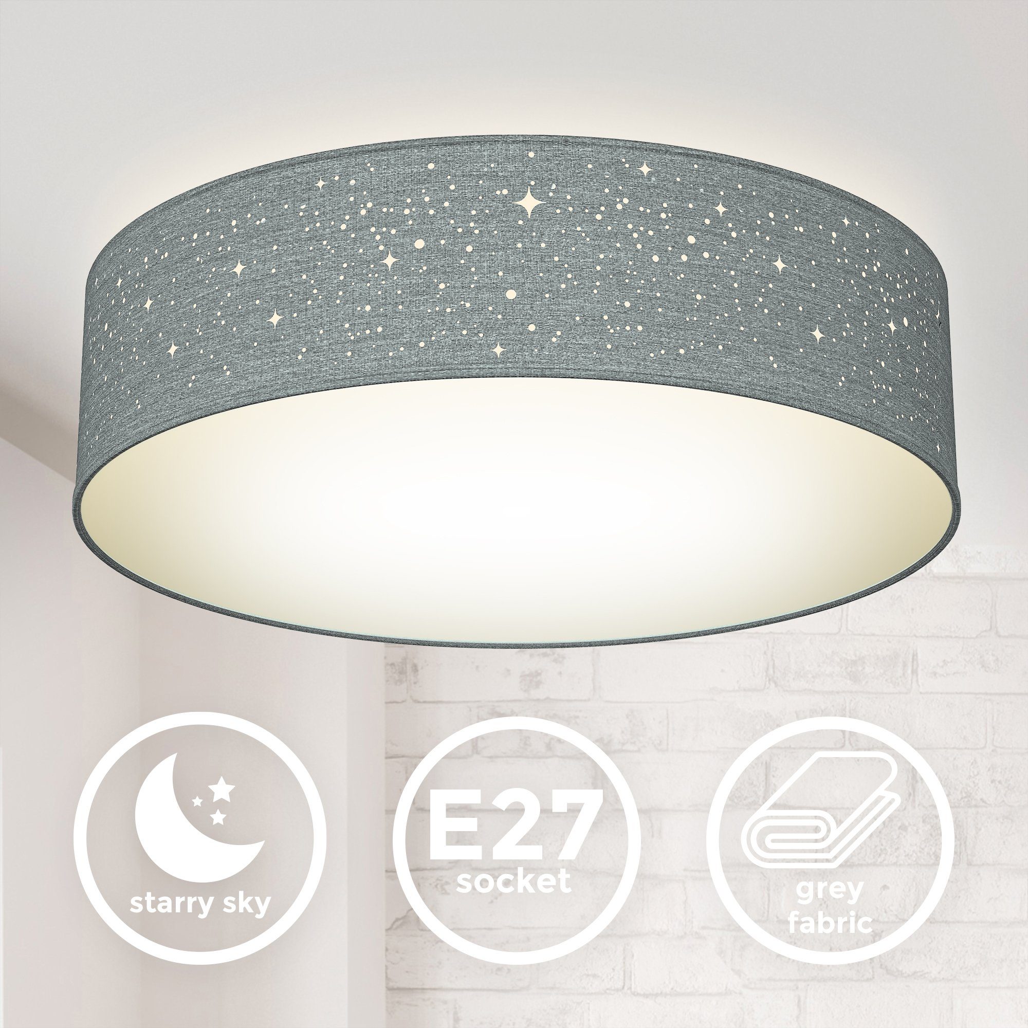 B.K.Licht Plafondlamp Textiel-sterrenhemel, grijs, 2-armig E27, stoffen plafondlamp, rond (1 stuk)