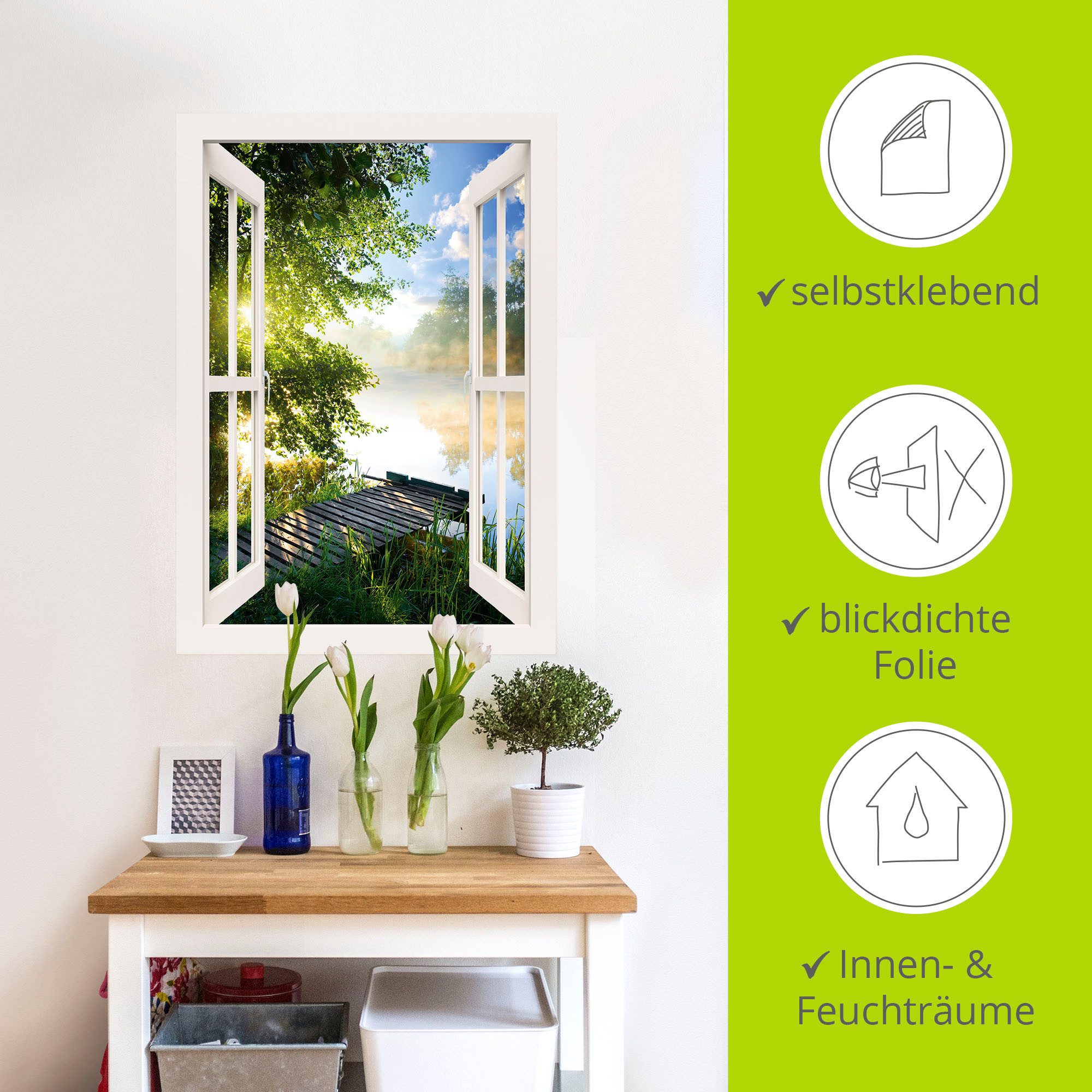 Artland Artprint Blik uit het venster visplek bij de rivier als artprint van aluminium, artprint voor buiten, artprint op linnen, poster, muursticker
