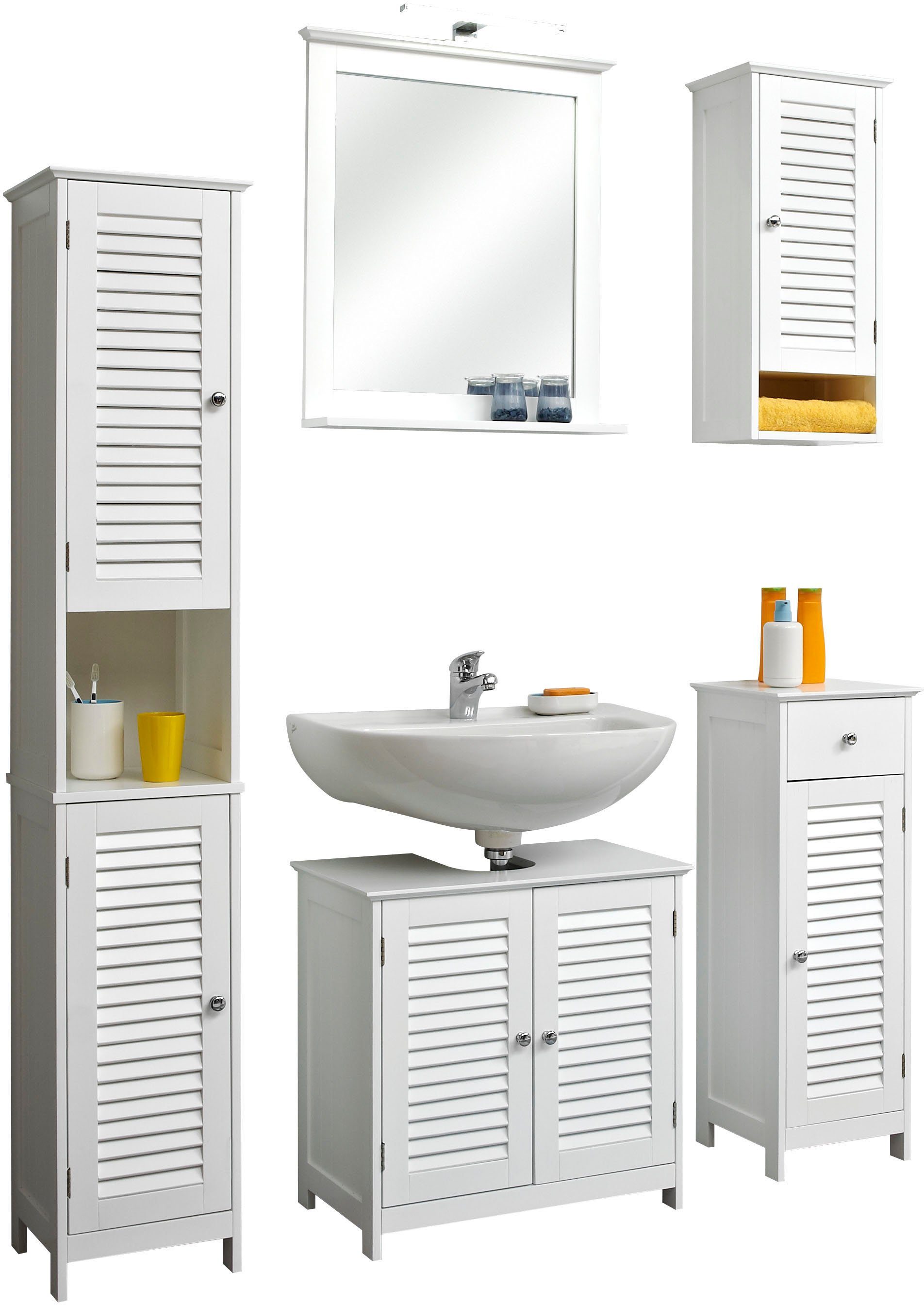 Saphir Badkamerserie Quickset 928 5-delig, wastafelonderkast met led-spiegel Hoge kast, onderkast, hangend kastje, 6 deuren, glanzend wit (6-delig)