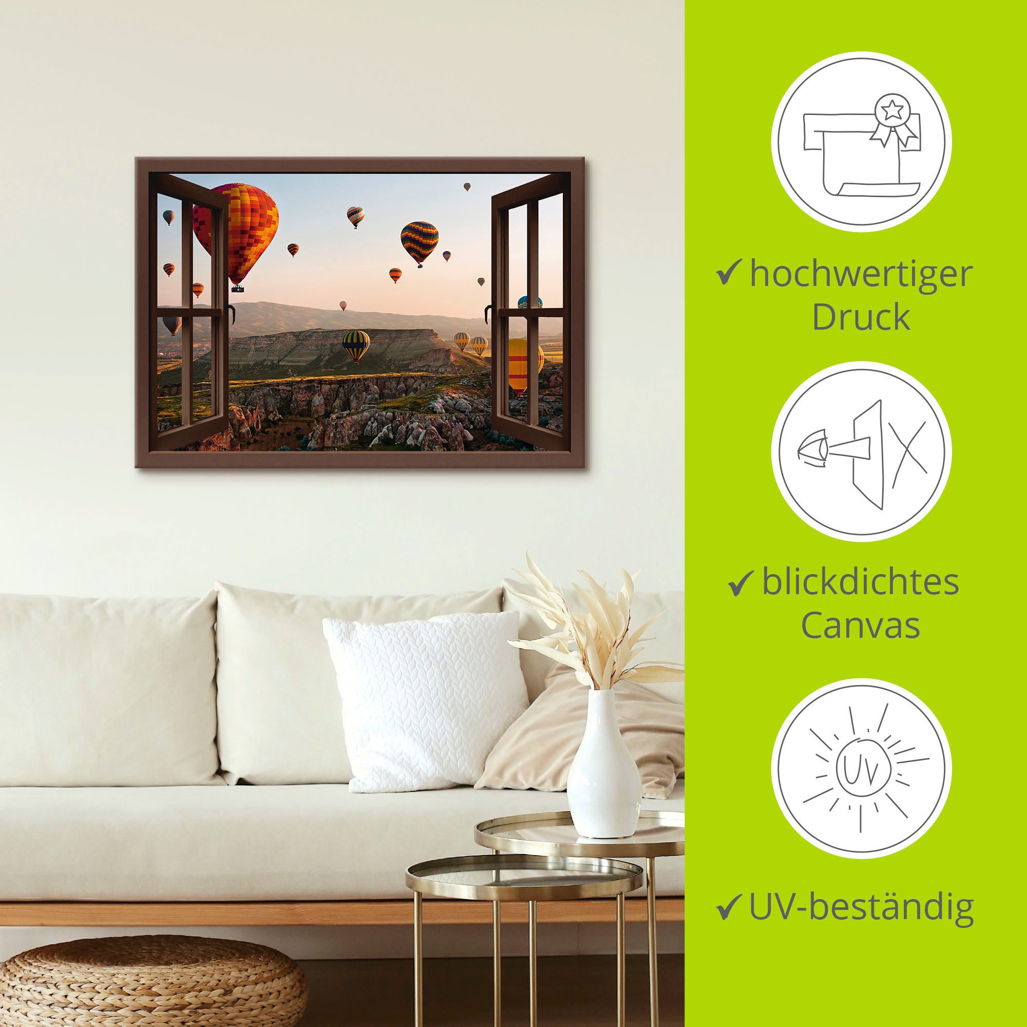 Artland Artprint Blik uit het venster Cappadocië ballonvaart als artprint op linnen, poster, muursticker in verschillende maten