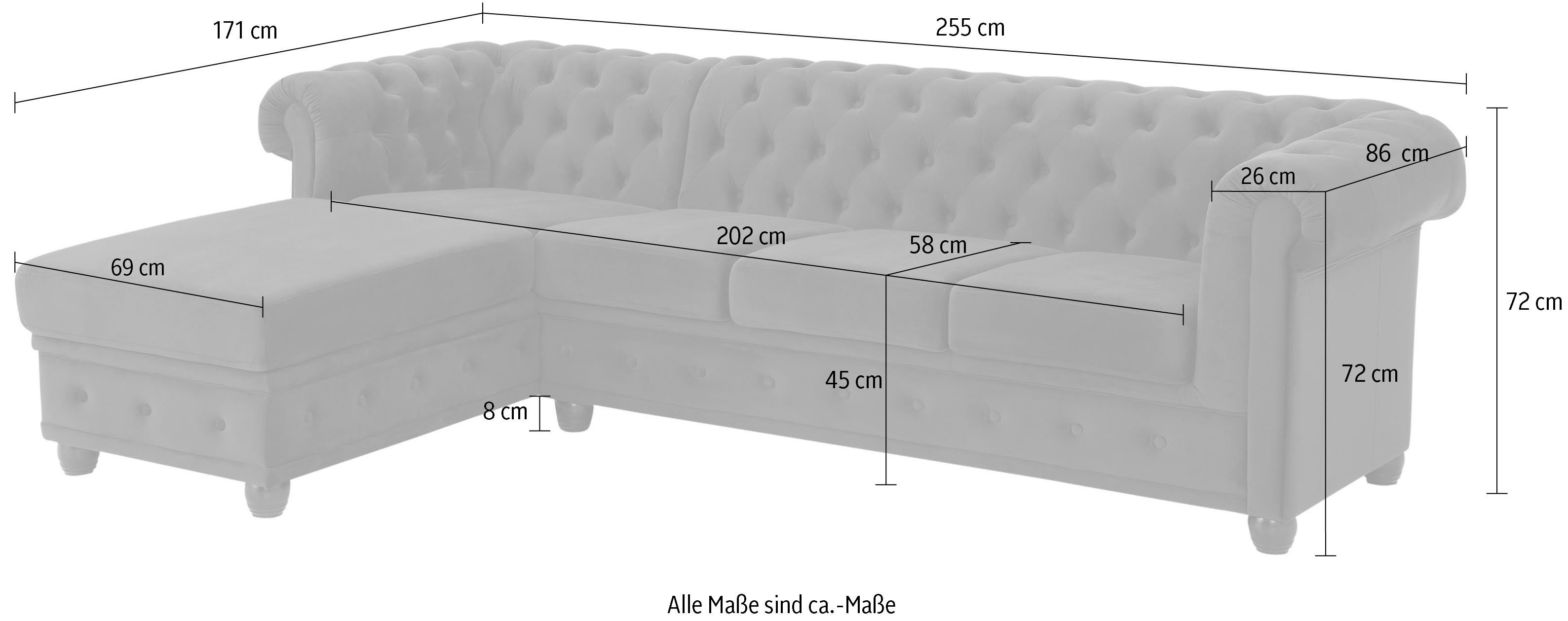 Home affaire Chesterfield-bank New Castle L-vorm hoogwaardige capitonnage in chesterfield-design, bxdxh: 255(171x72)