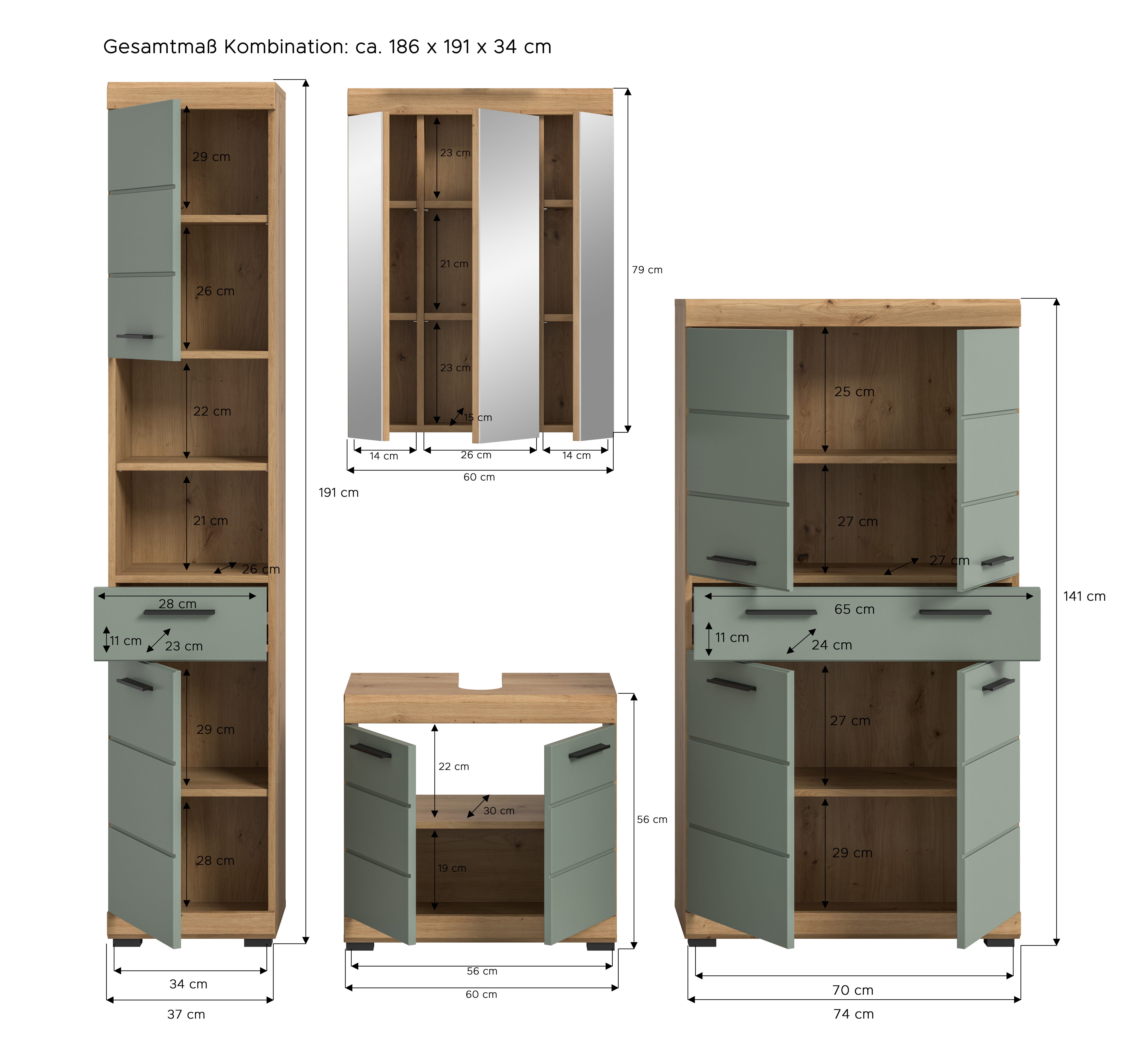 INOSIGN Badkamerserie Siena, 4-delig, bestaande uit: Hoge kast, wastafelonderkast, spiegelkast, middenkast (set, 4-delig)