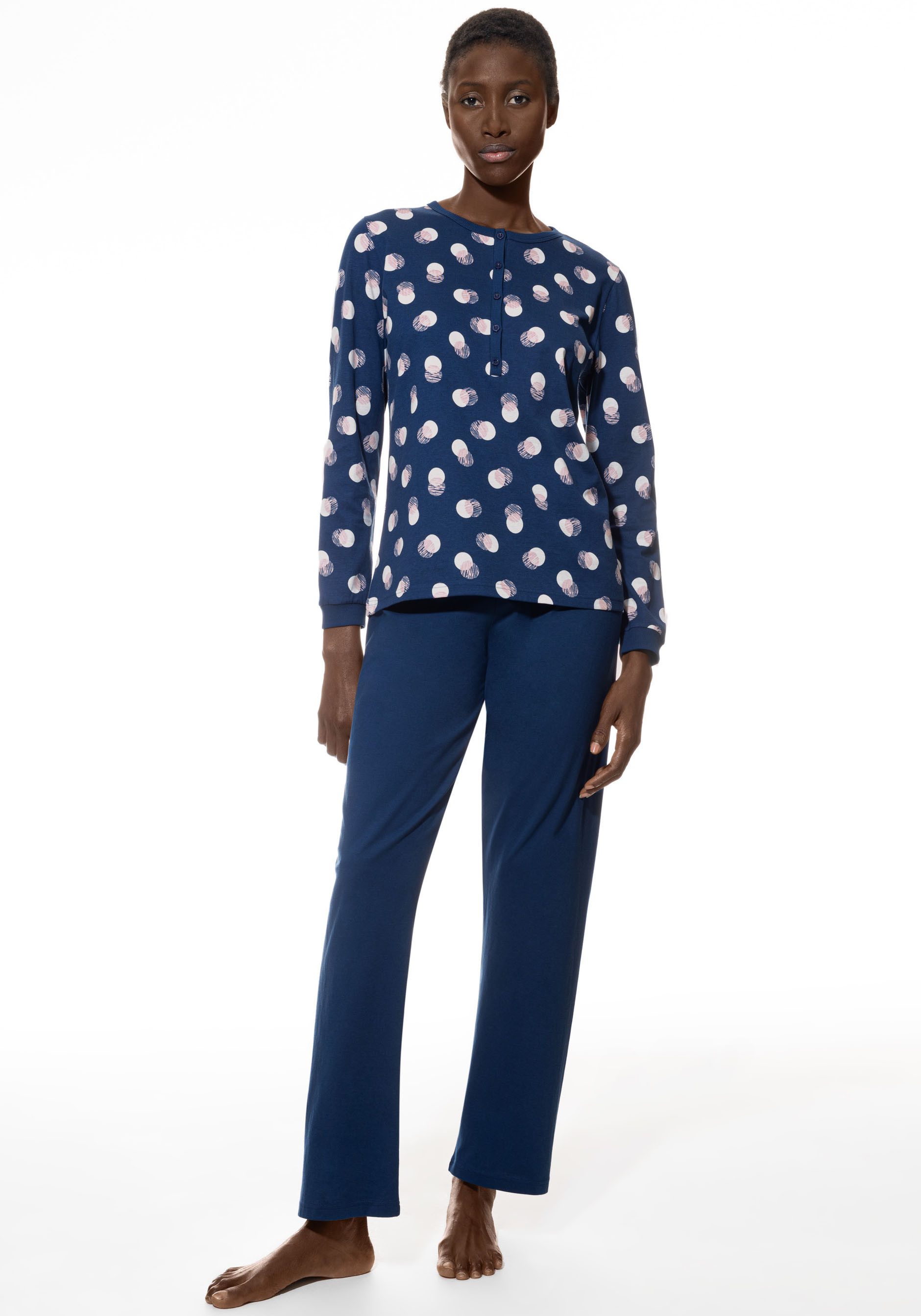 Mey Pyjama SCRIBBLED DOTS Ronde hals met knoopsluiting (2-delig) dames nachtkleding maat 46 blauw