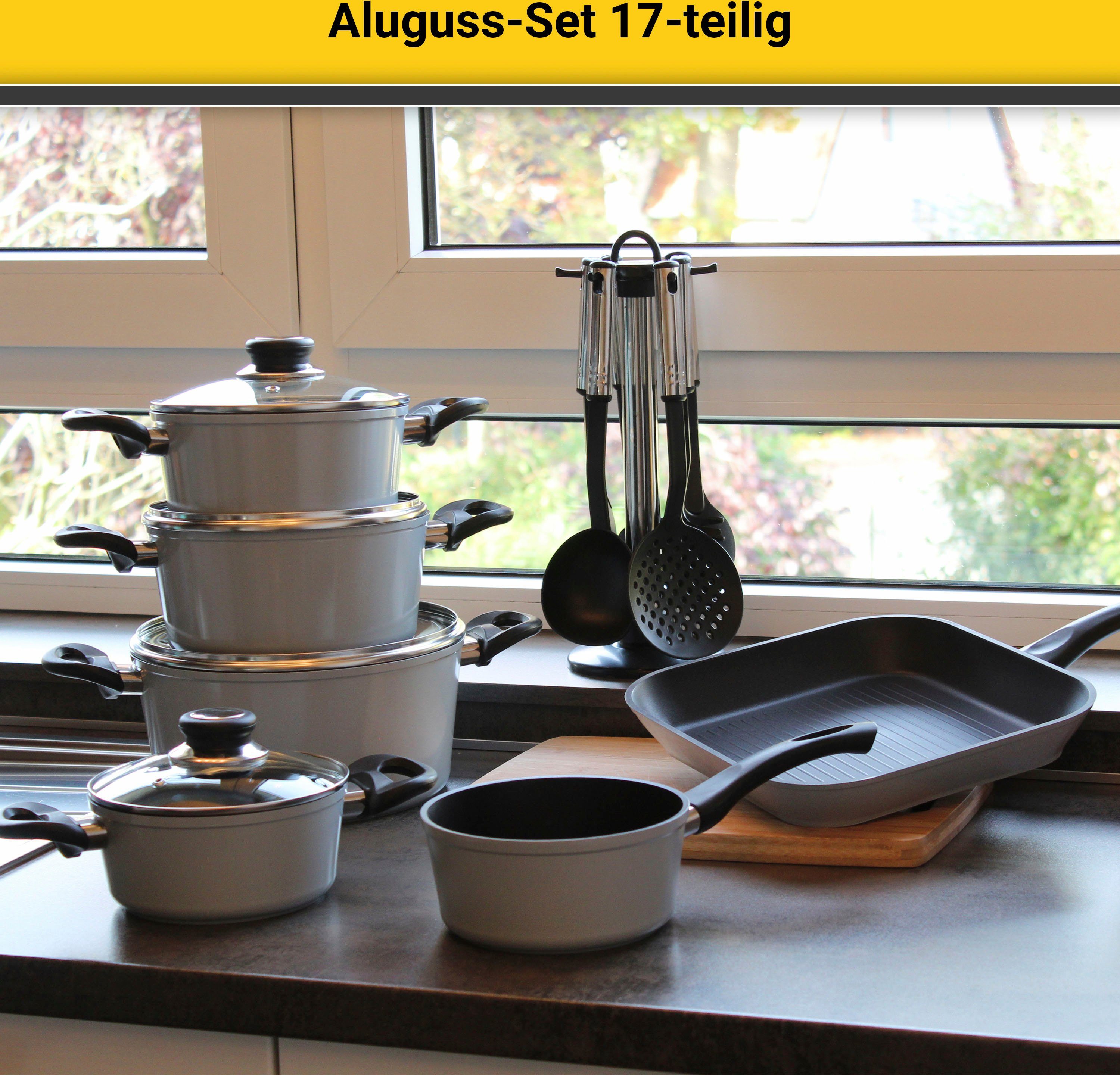 Krüger Pannenset Aluminium pot- en pan-set inclusief praktische keukenhulpmiddelen, 17-delig. (set)