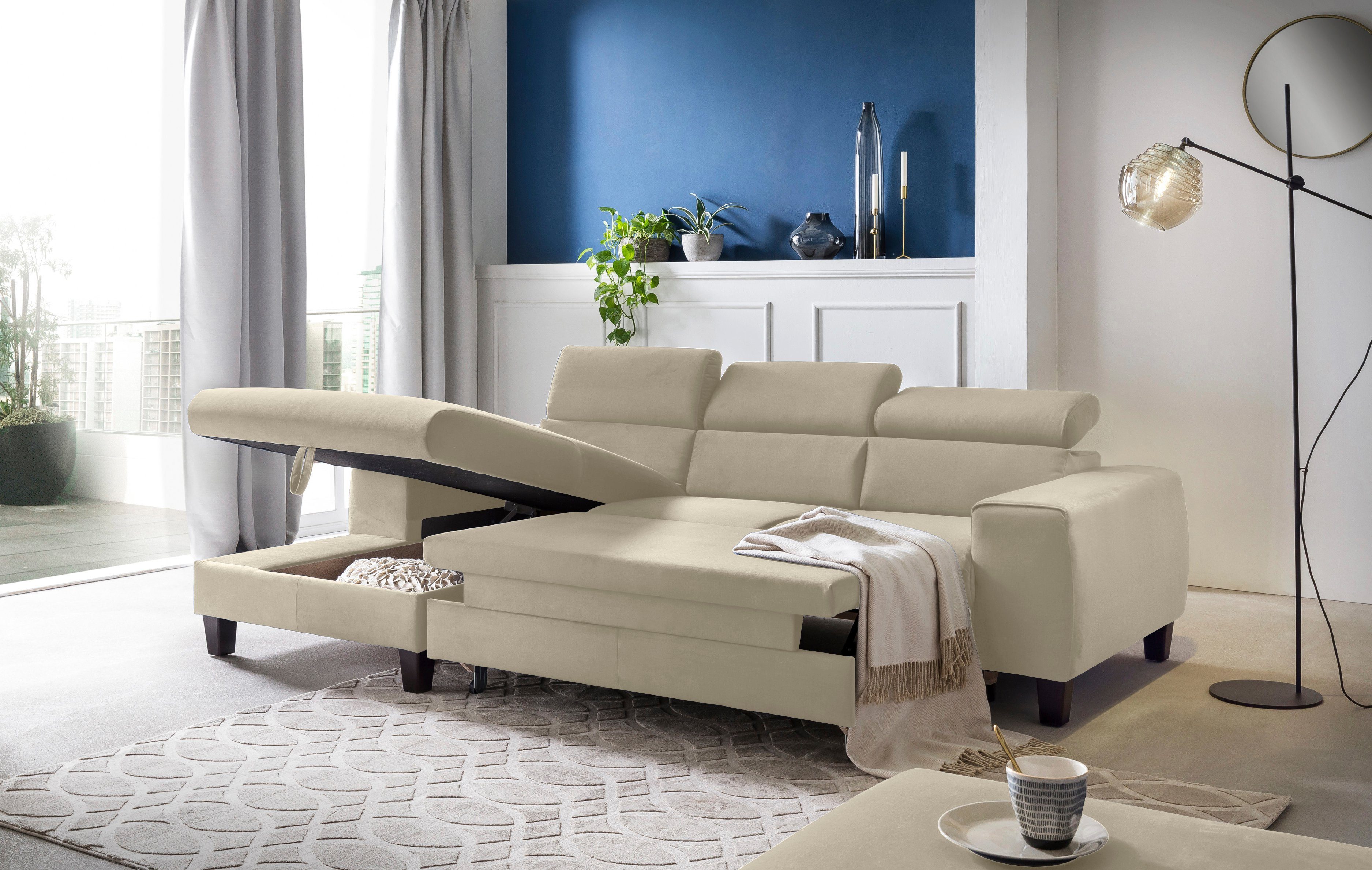 COTTA Hoekbank Morven L-vorm met hoofdeindeverstelling keuze met bedfunctie, bedlade & draadloze oplader