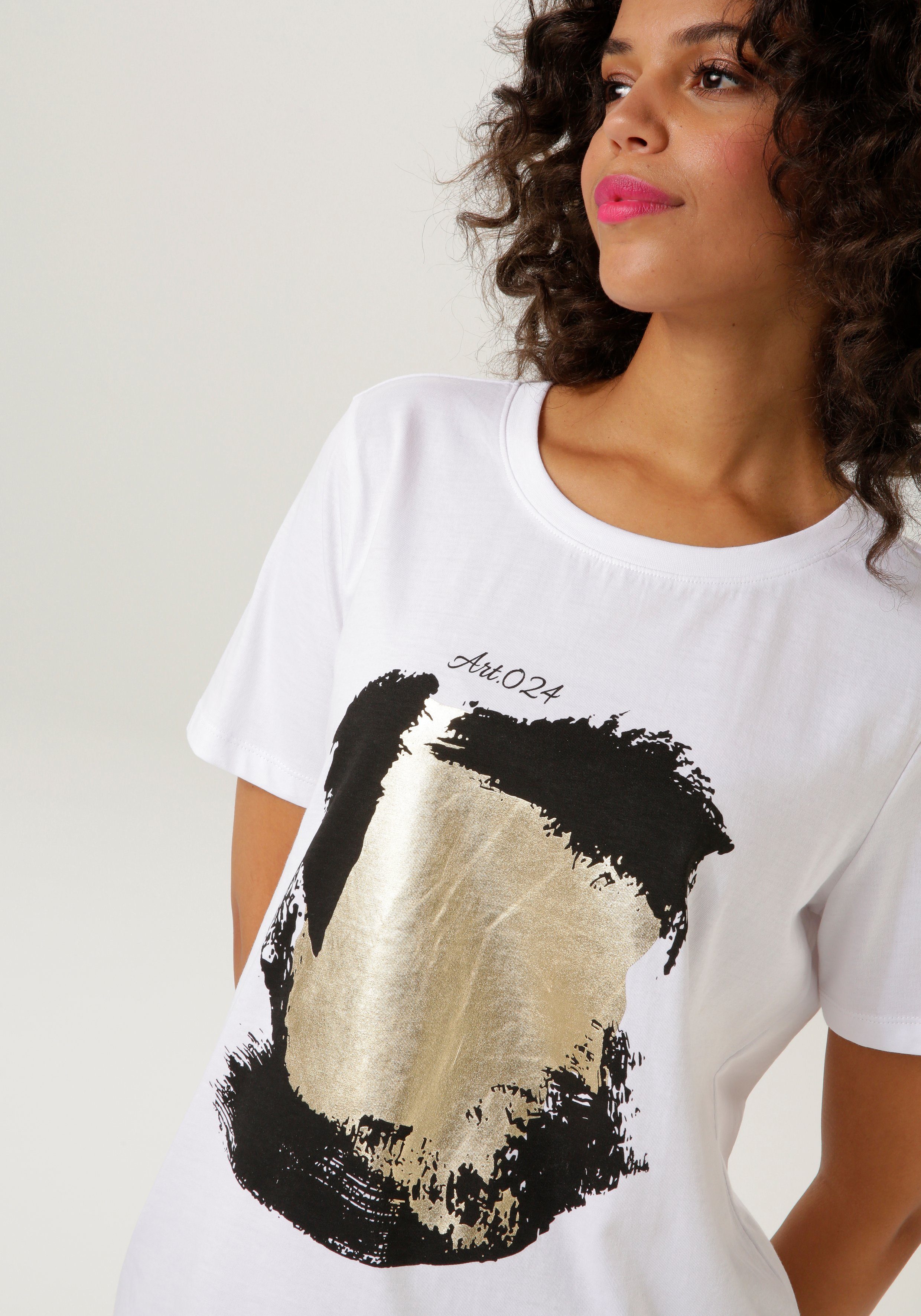 Aniston CASUAL T-shirt met goudkleurige folieprint aan de voorkant nieuwe collectie