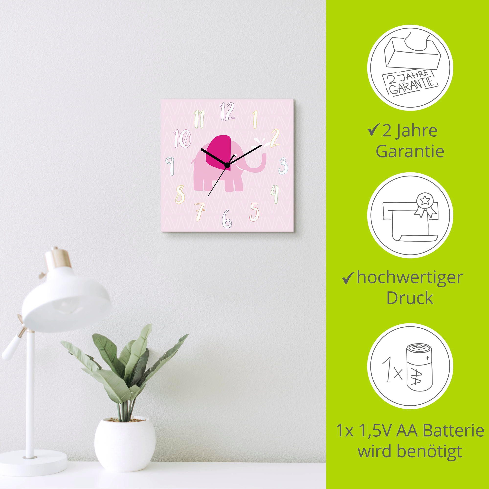 Artland Wandklok Olifant op roze optioneel verkrijgbaar met kwarts- of radiografisch uurwerk, geruisloos zonder tikkend geluid