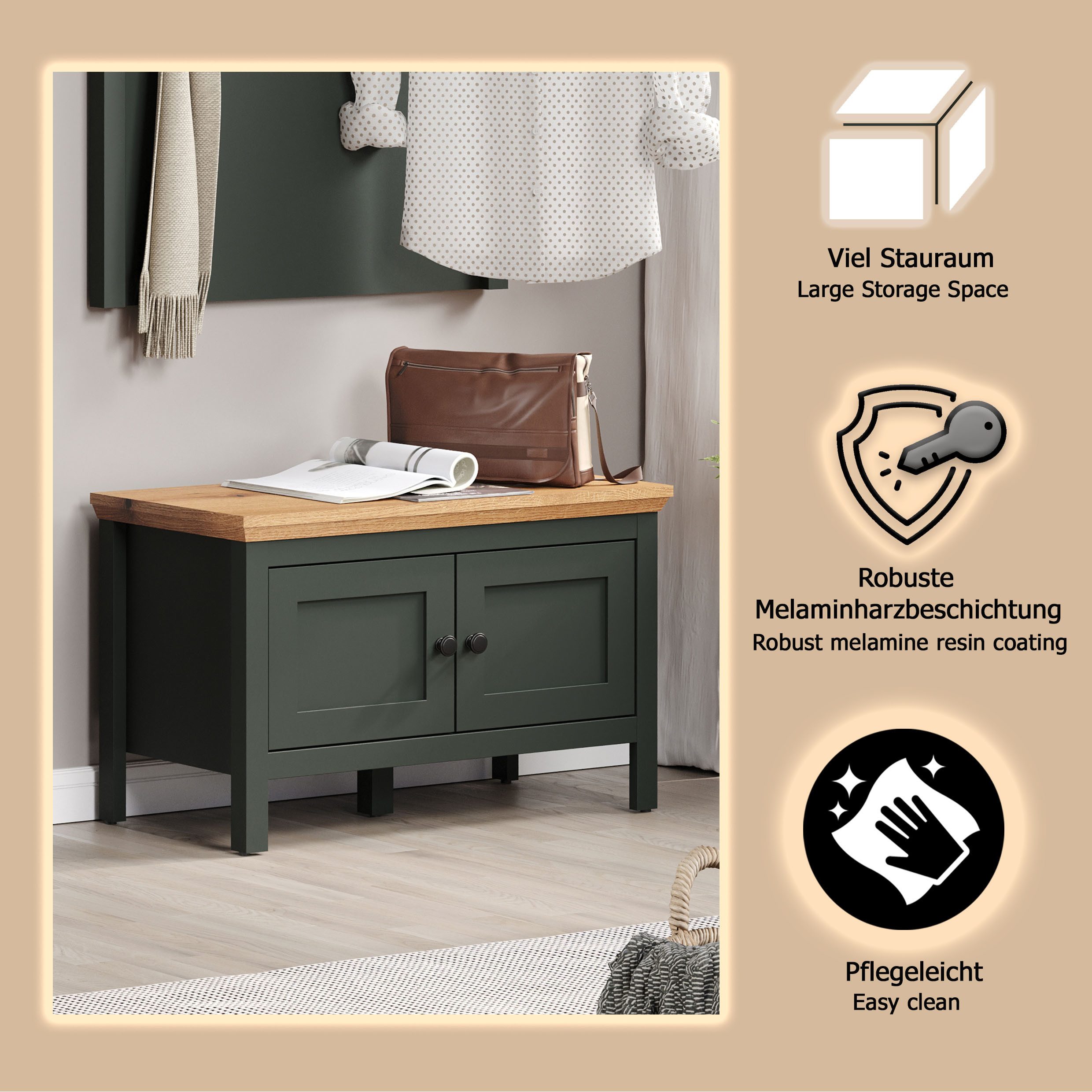 Home affaire Schoenenbank Vienna Zitbank in landhuisstijl met 2 vakken - (B/D/H) 77/48/39 cm (1 stuk)