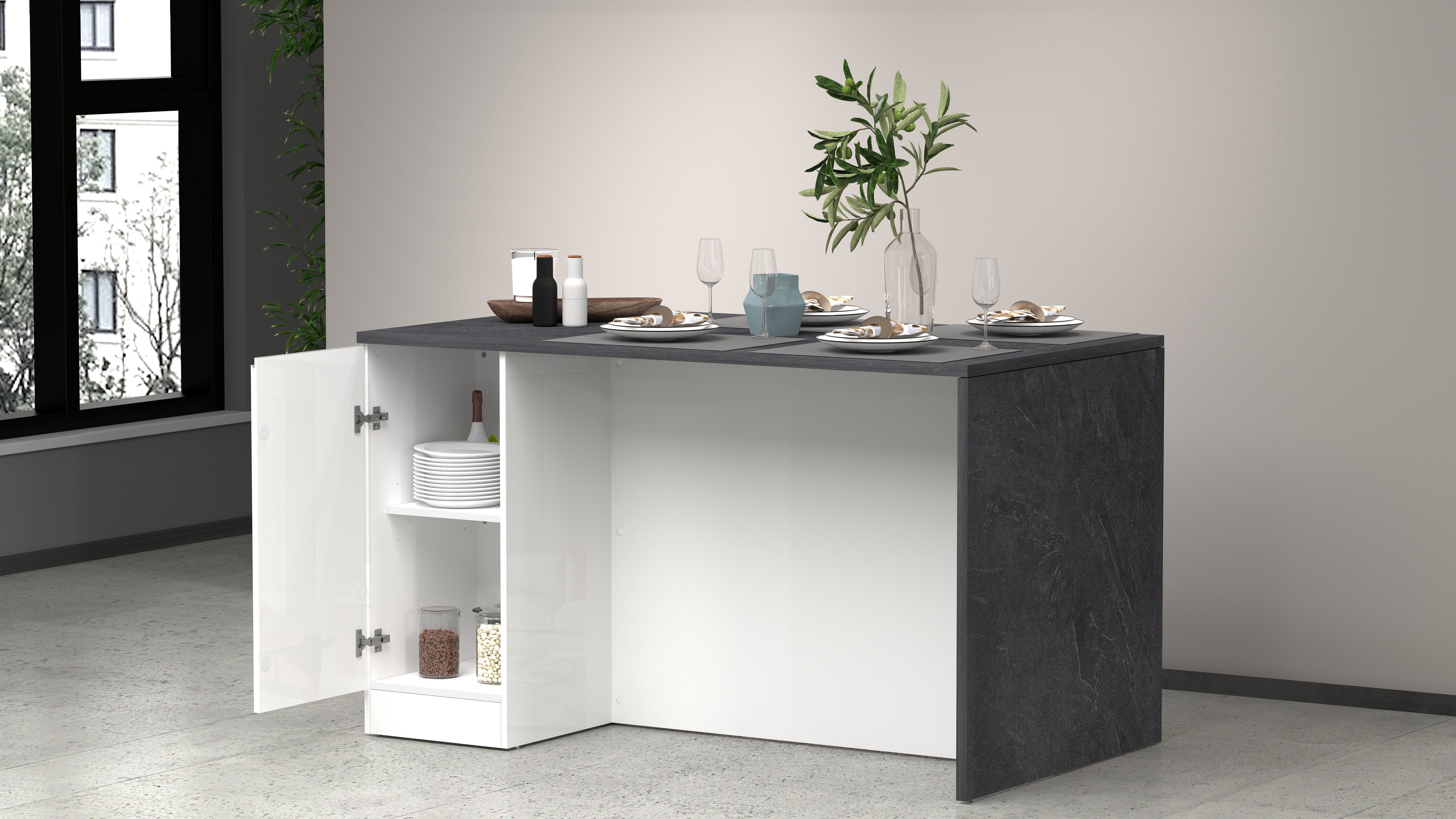 Kochstation Kookeiland Sole, kookeiland, keukenwerkblok, eilandkeuken, werk-eiland Breedte 160 cm met 2 deuren, 4 vakken, werkblad, aluminium handgreep