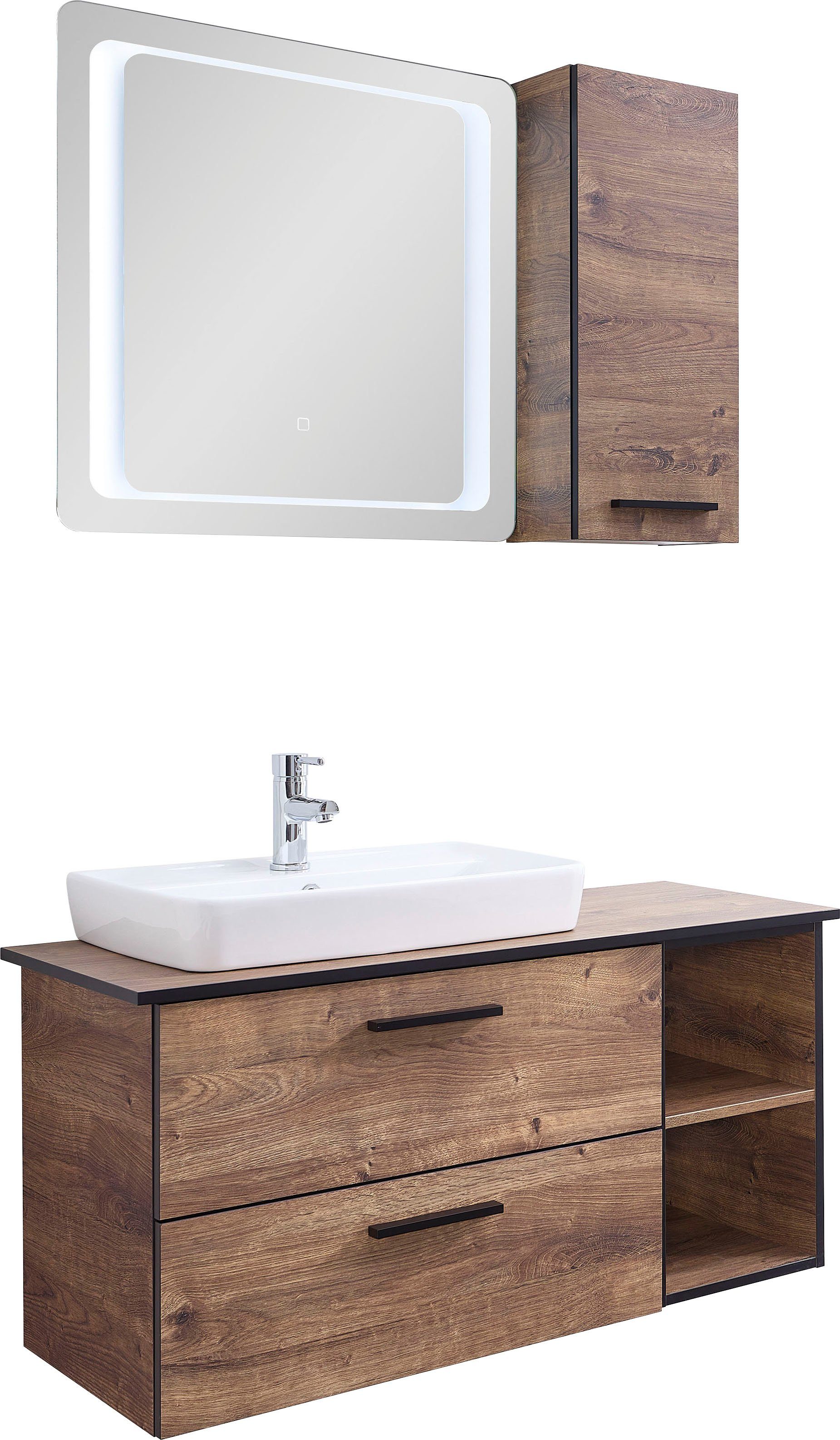 Saphir Badkamerserie Quickset 374 3-delig, keramische opzetwasbak met LED-spiegel 103 cm breed, 1 deur, 2 laden, 2 open vakken, incl. deurdempers