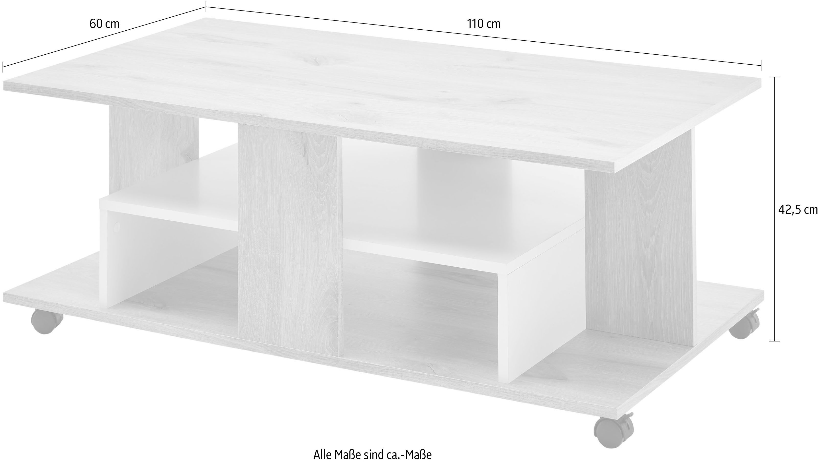 Stolkom Salontafel Marti met wielen en planken, Rima eik wit, BxHxD 110x42,5x60 cm