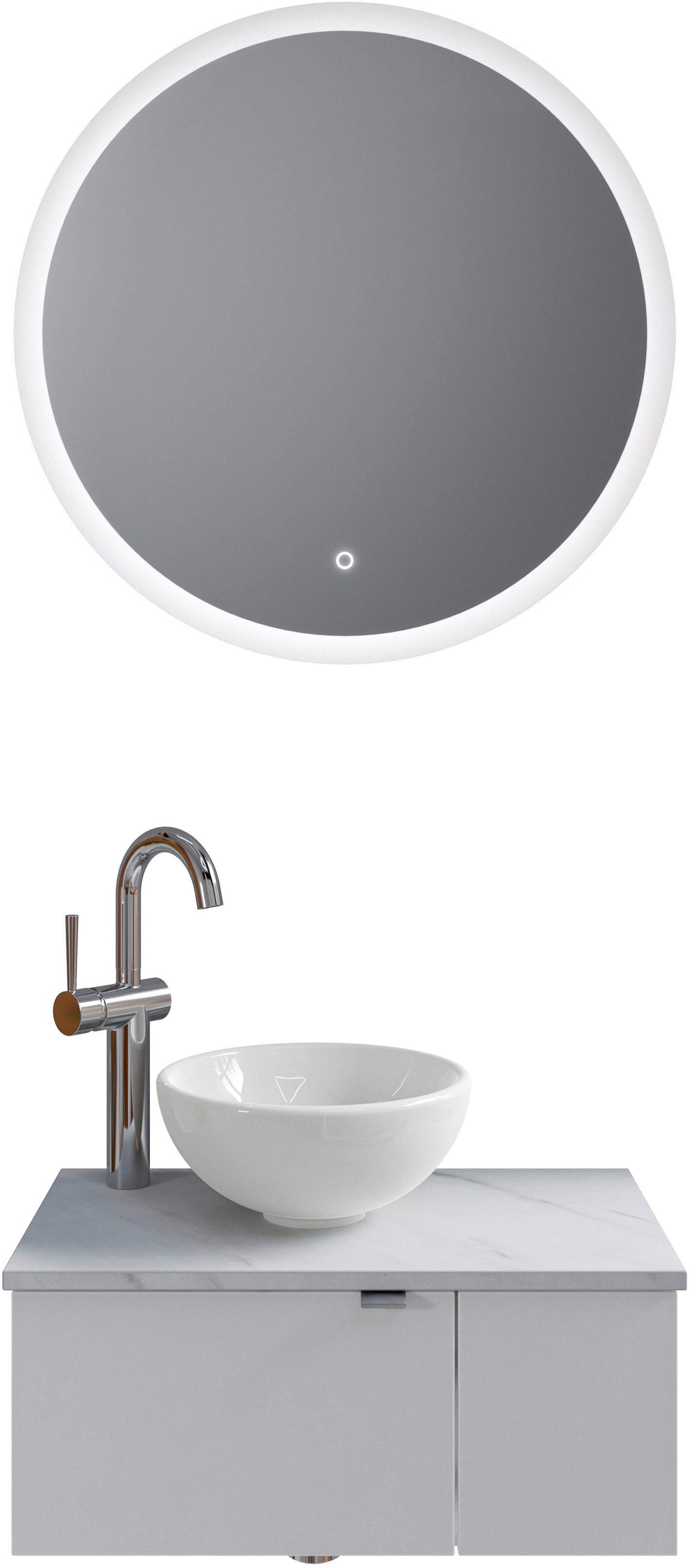 Saphir Badkamerserie Serie 6915 Gastenbadkamer, 70 cm breed, met led-spiegel, open vak en 2 deuren (4-delig) badmeubelsets wit
