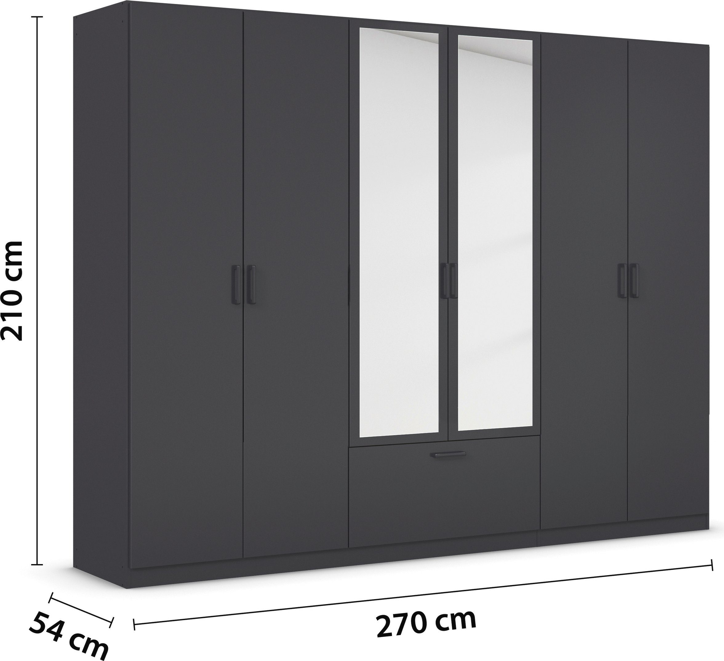 rauch Draaideurkast Kledingkast kast garderobe waskast BARI met spiegel met lades in het midden, moderne greep in grijs metallic made in germany