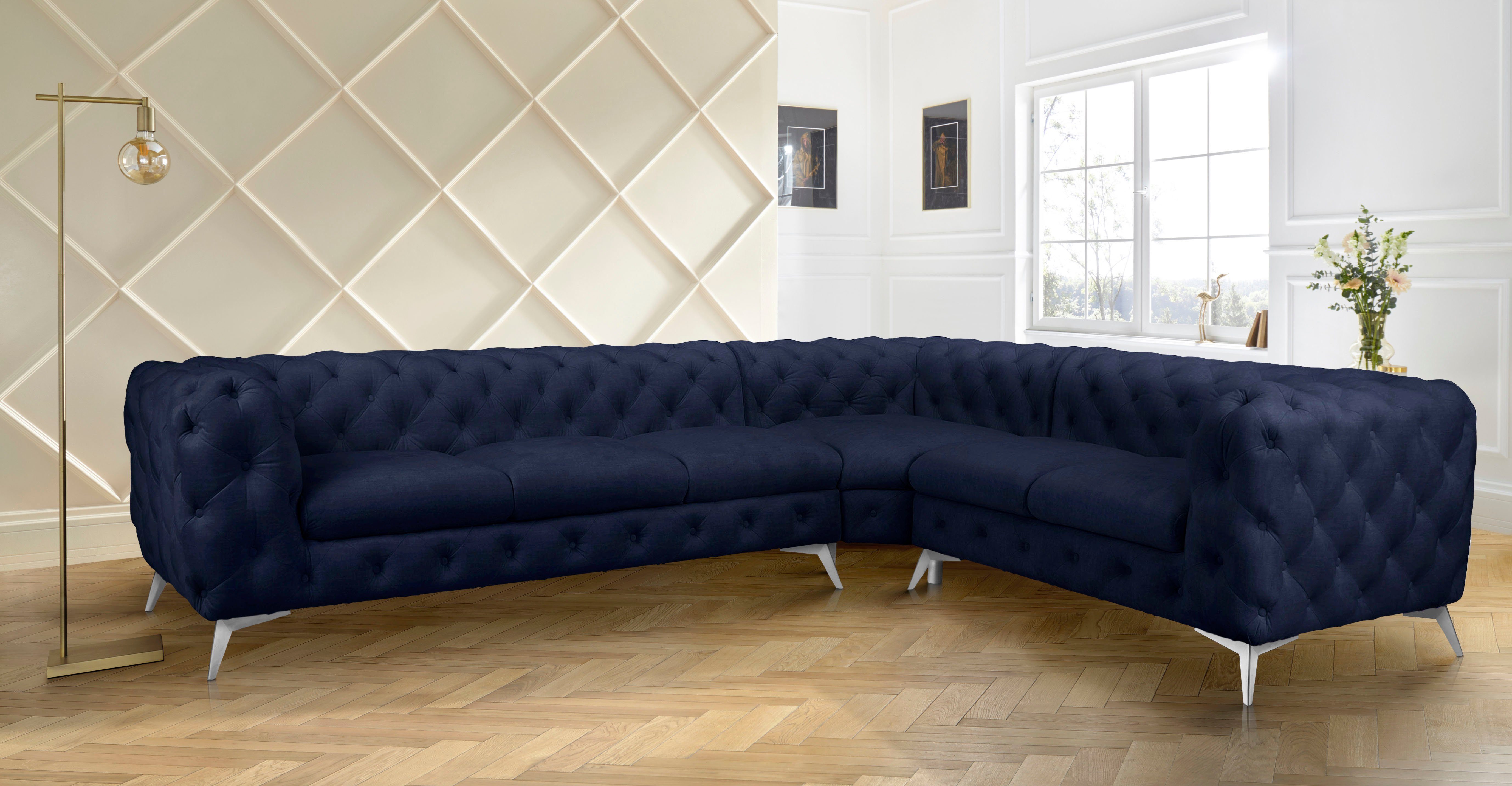 Leonique Chesterfield-bank Glynis L-vorm luxueuze capitonnage, moderne chesterfield look, kleur van de poten ter keuze